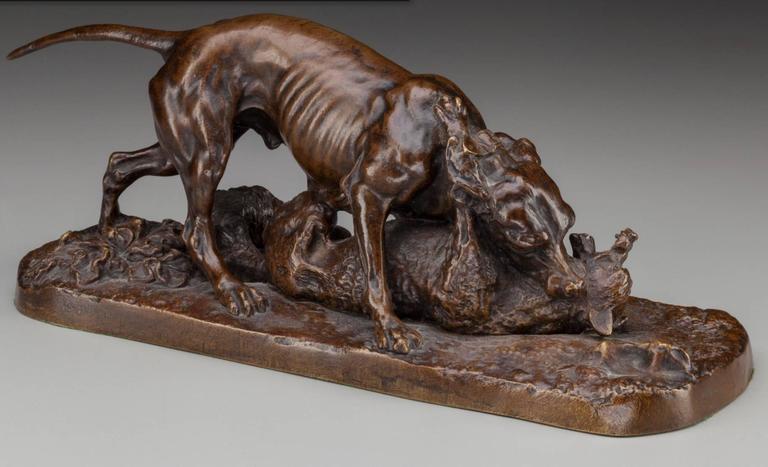 Pierre Jules Mene French, 19th Century
A truly stunning and moving bronze of dogs fighting for fish.
Rich brown patina
13 inches (33 cm) long
5 inches (12.7 cm) high
Inscribed on base: P.J. Mene.