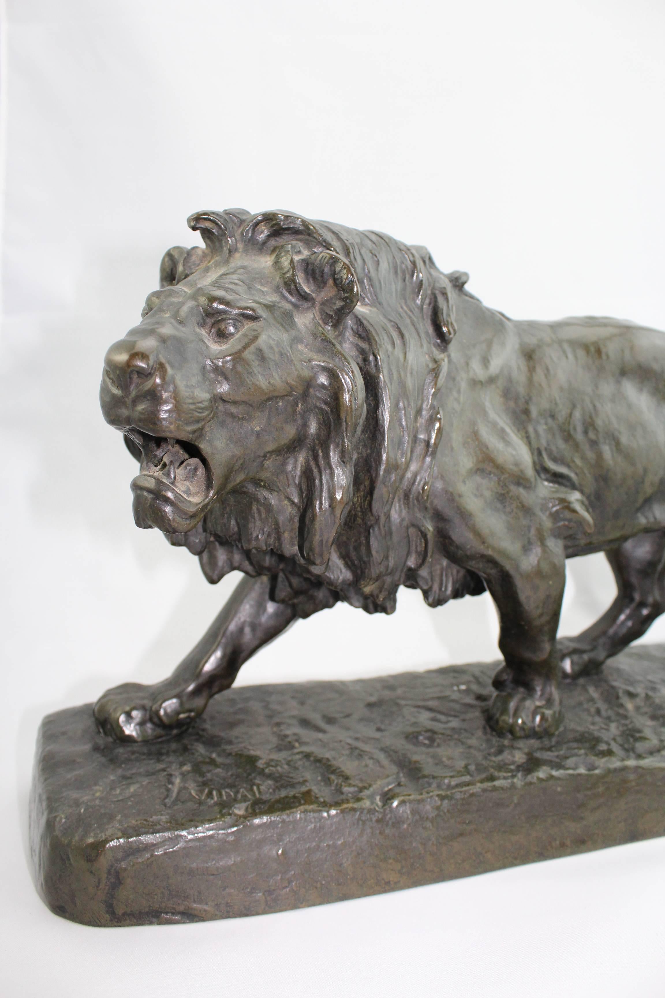 This is a 19th century Louis Vidal striding lion most probably finished and founded by Antoine Louis Barye.

Born in Nimes, France on December 6, 1831, Louis Vidal-Natavel pursued a successful career in sculpture in Paris despite a childhood eye
