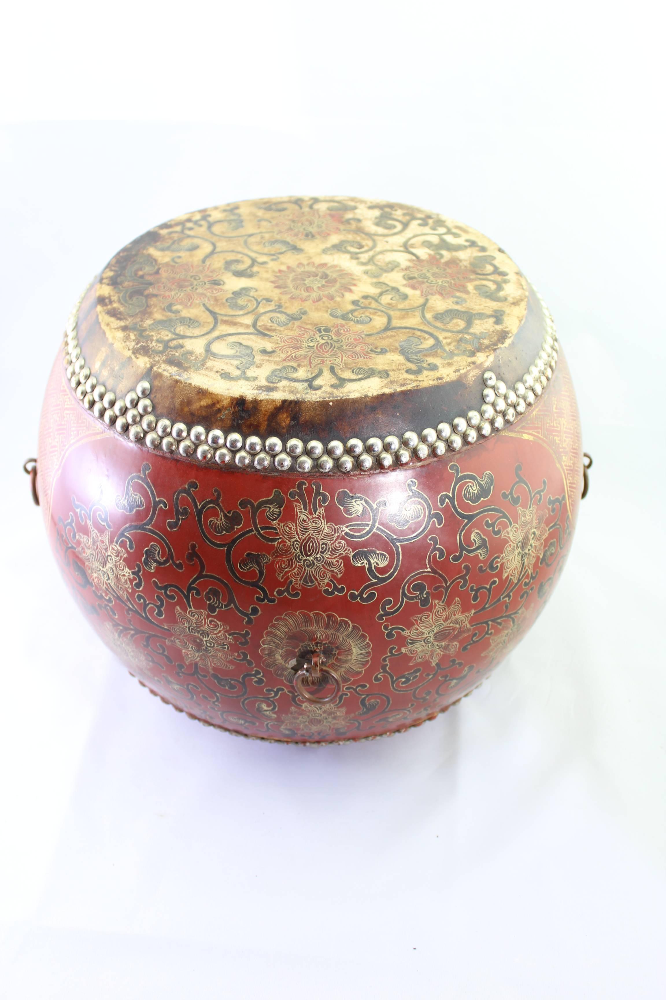 This is a functional two-sided drum with a rare built in snare with beautiful and rich tones. The art work with gold equilateral crosses and floral motif are extraordinary. All original 19th century built to last and most importantly; be