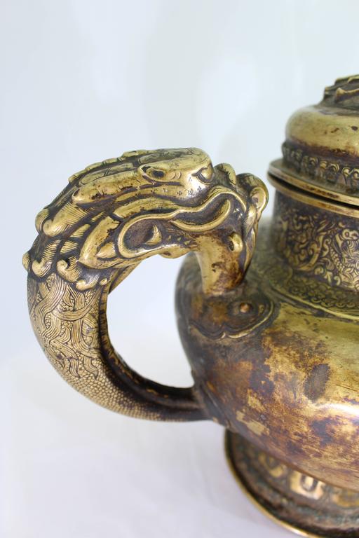 Tibetan 19th Century Brass Dragon Tea Pot 1