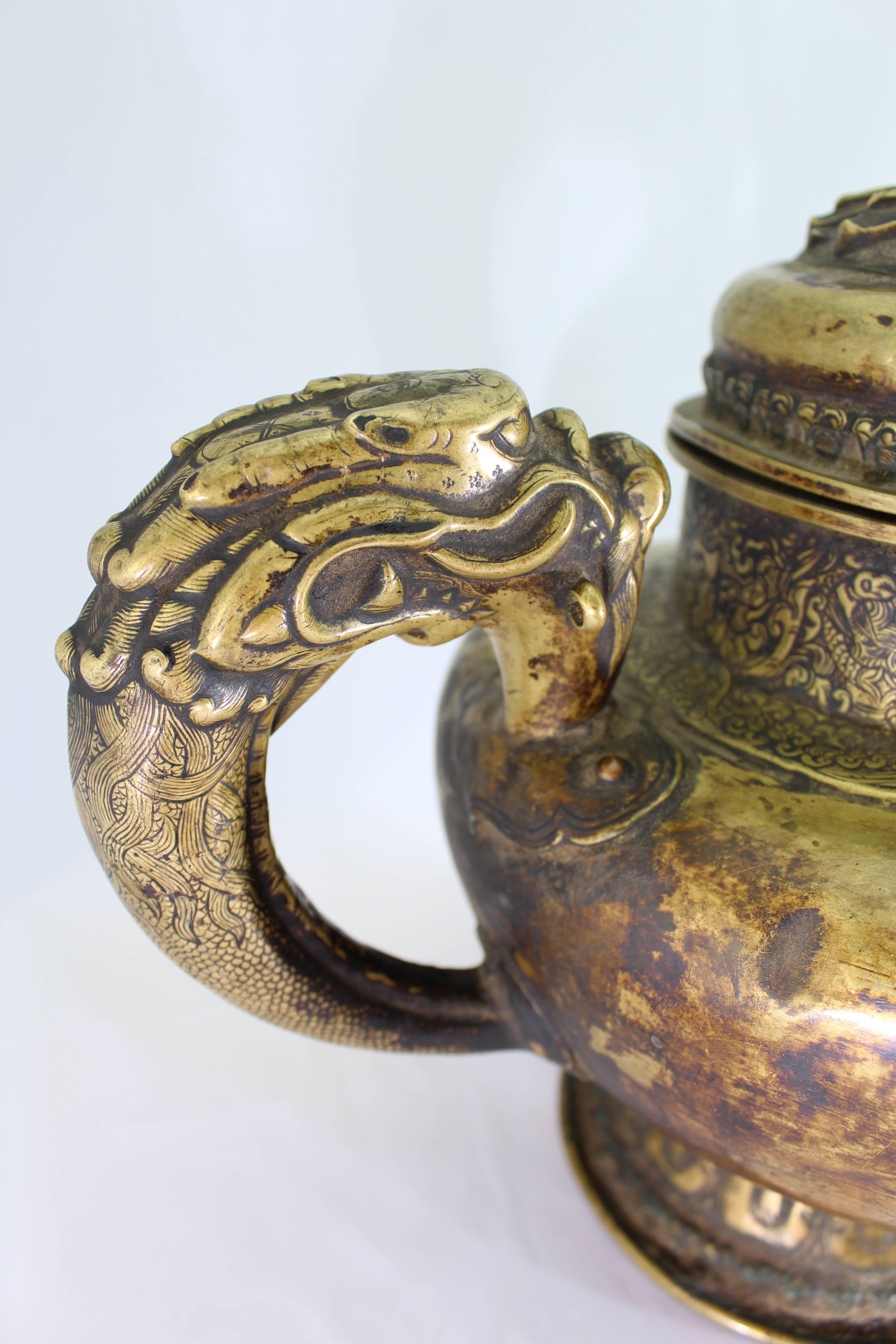 Chinese Export Tibetan 19th Century Brass Dragon Tea Pot