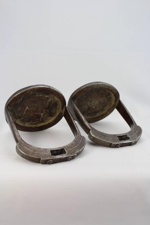 Hand-Crafted 19th Century Tibetan Iron and Silver Inlaid Stirrups