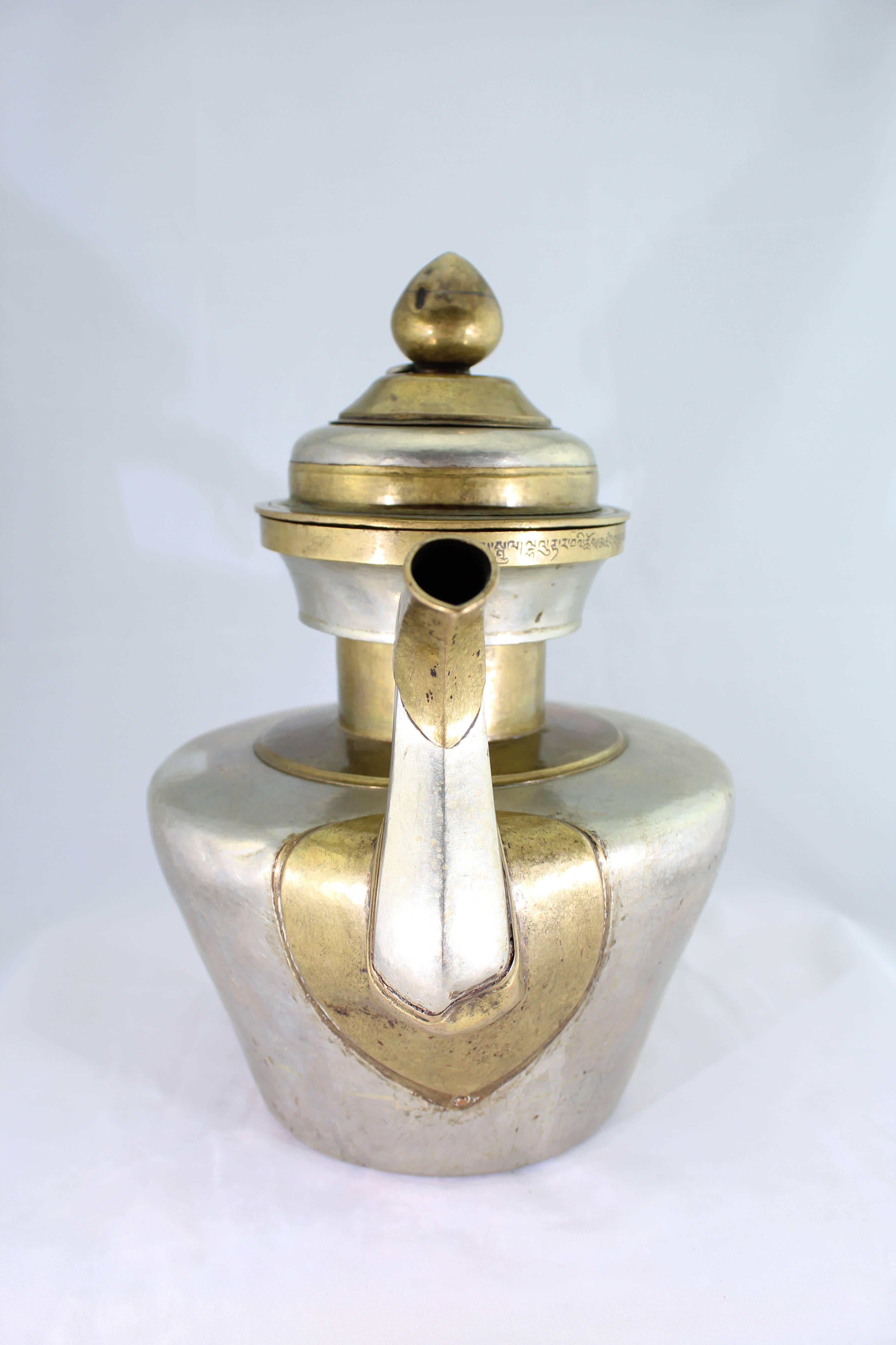 Chinese Export 19th Century Tibetan Metallic Silver and Brass Prayer Teapot