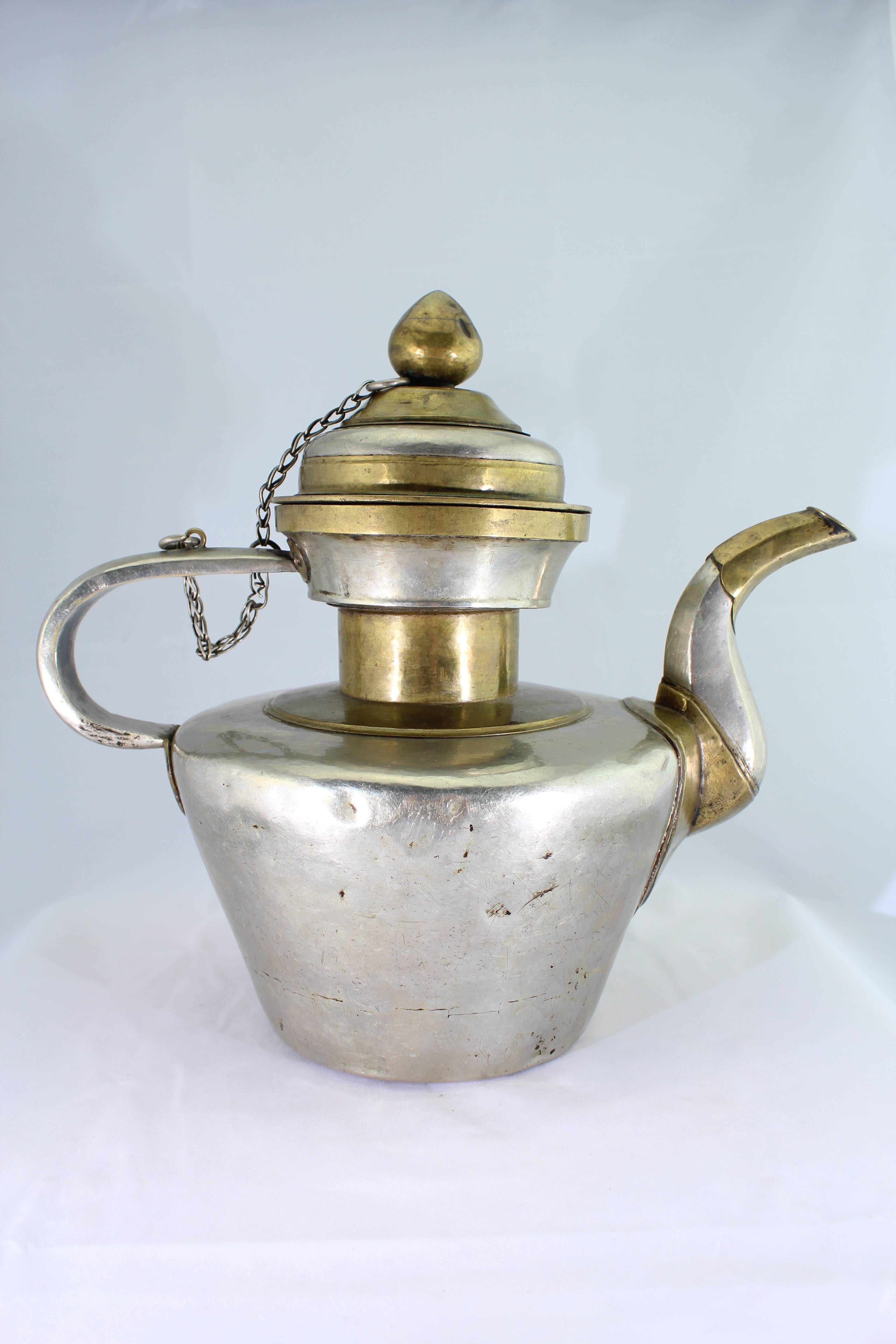 Hammered 19th Century Tibetan Metallic Silver and Brass Prayer Teapot