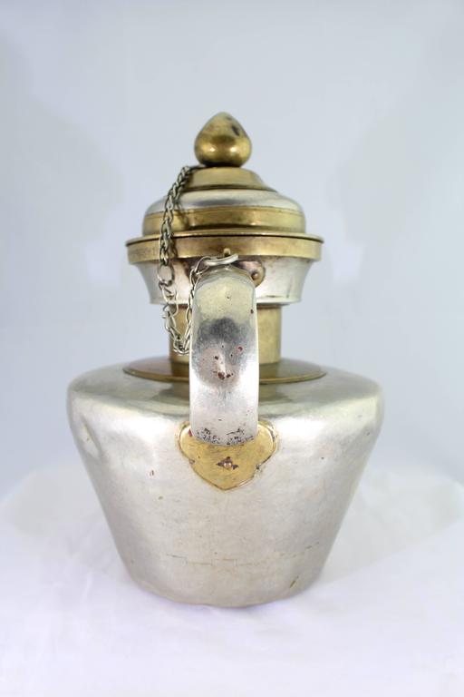 19th Century Tibetan Metallic Silver and Brass Prayer Teapot In Good Condition In Dallas, TX