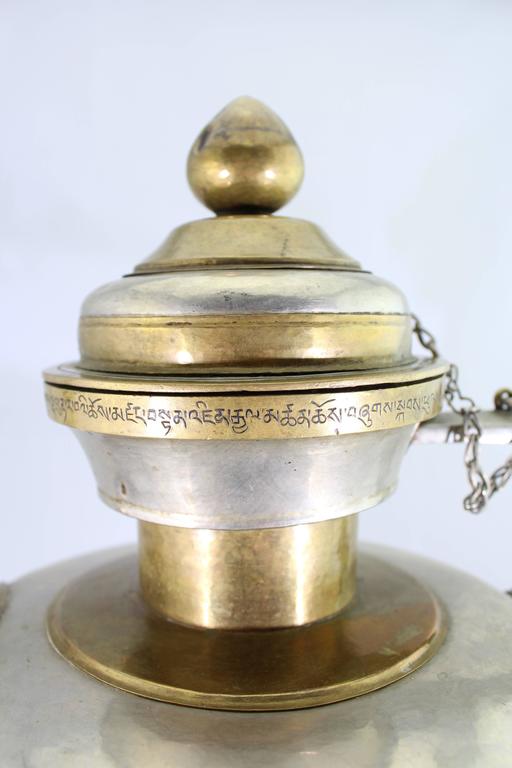 Late 19th Century 19th Century Tibetan Metallic Silver and Brass Prayer Teapot