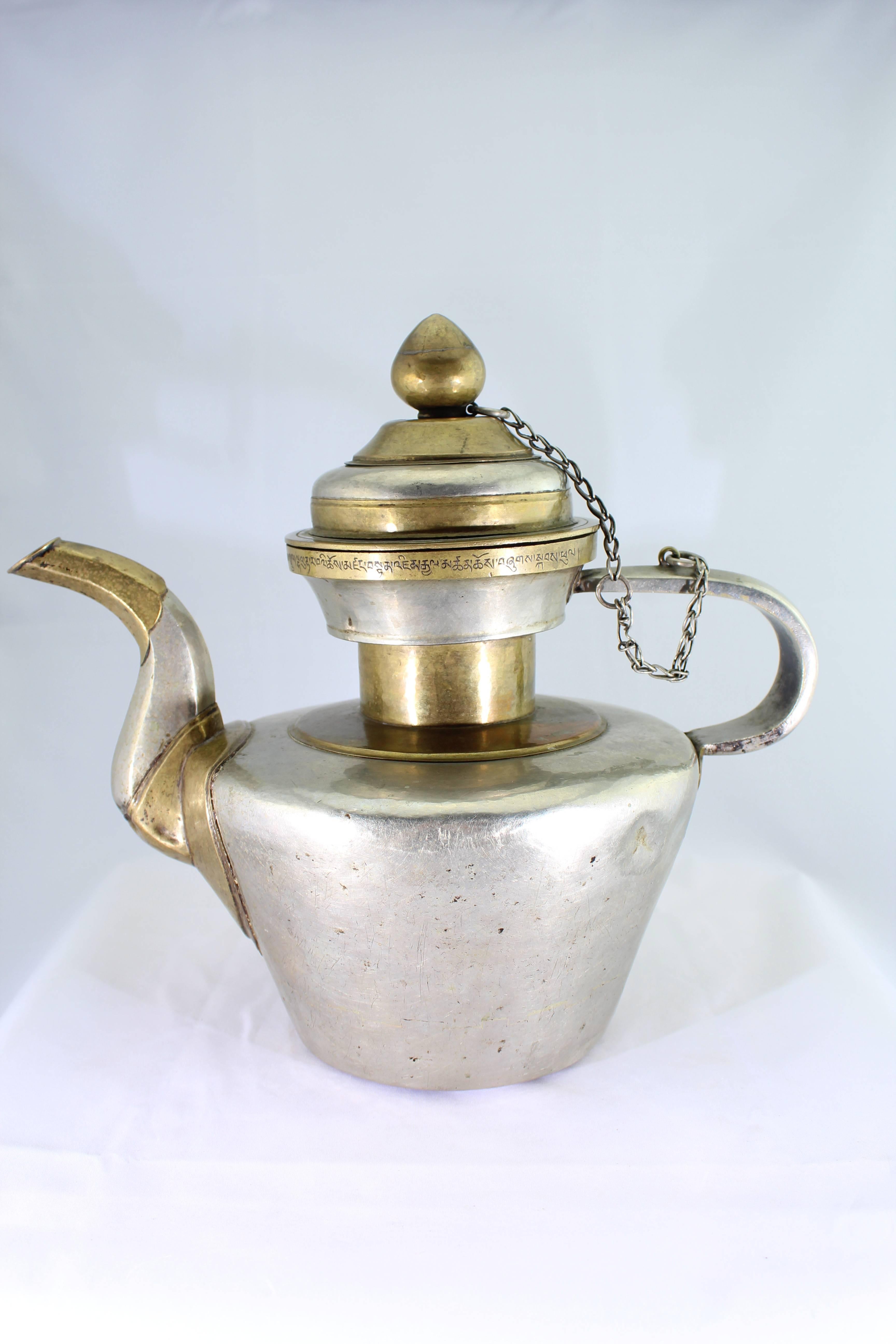 19th Century Tibetan Metallic Silver and Brass Prayer Teapot 2