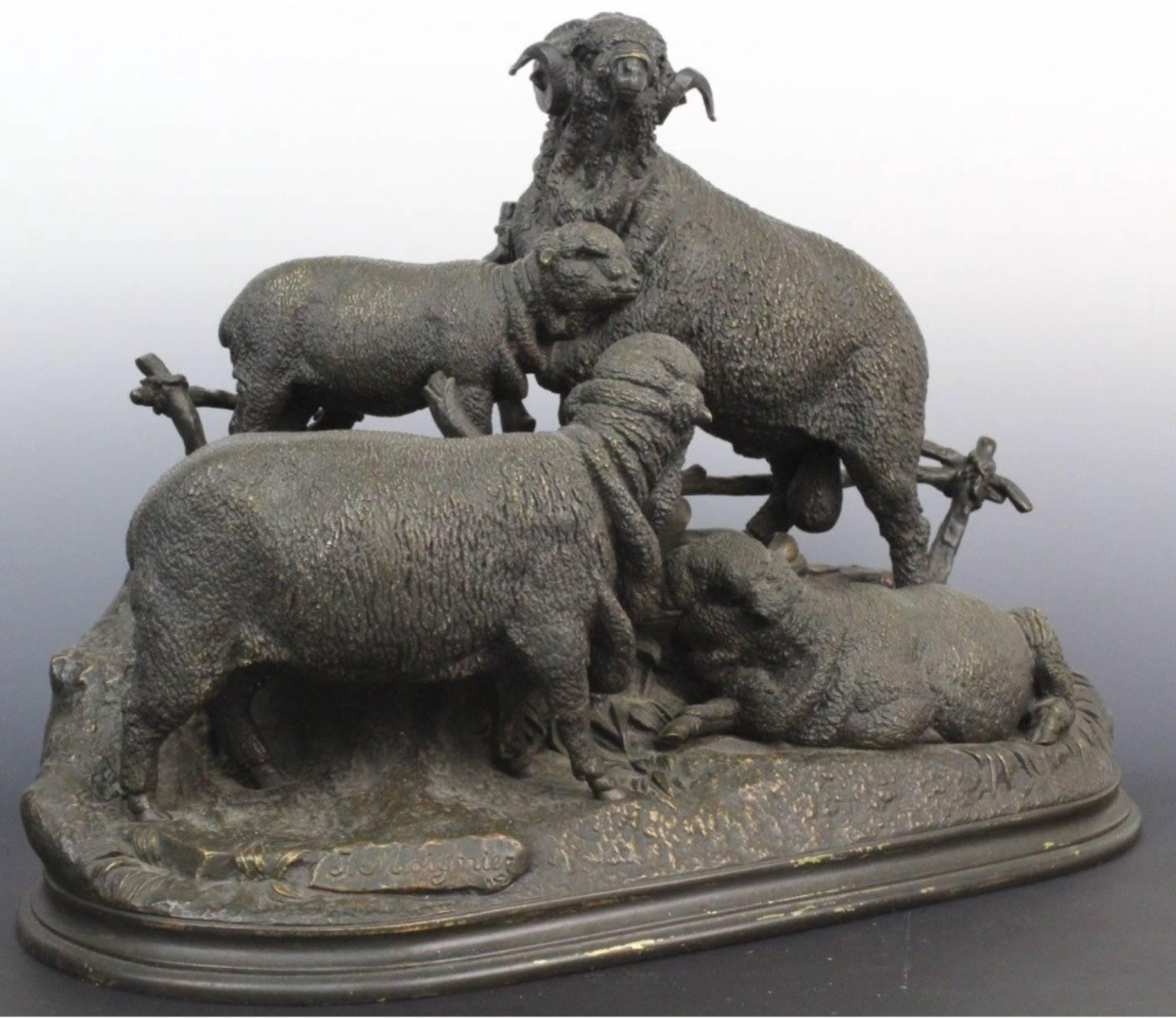 Beaux Arts 19th Century Jules Moigniez French Bronze Grouping of Ram or Sheep Family