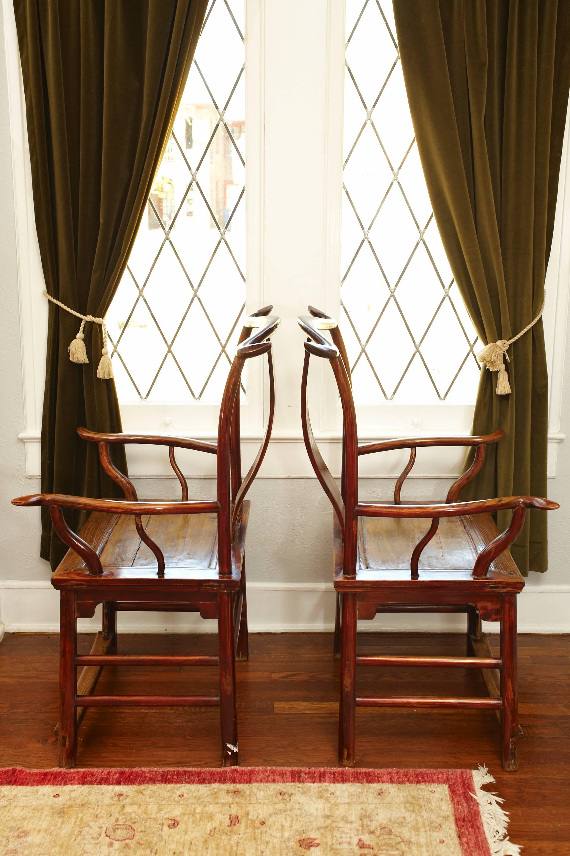 Ming Pair of Elmwood 'Official's Hat' Yoke Back Armchairs, Guanmaoyi