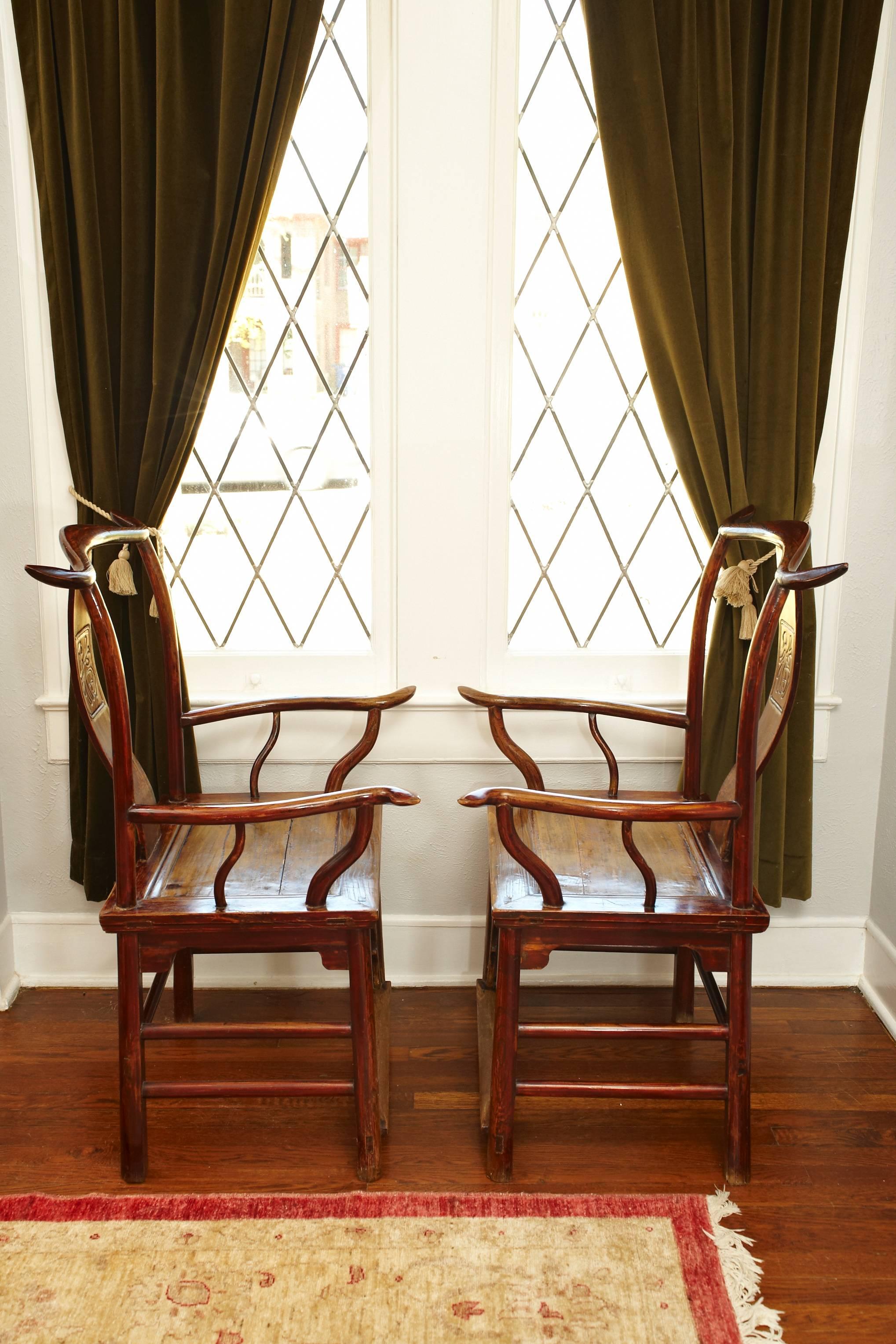 Chinese Pair of Elmwood 'Official's Hat' Yoke Back Armchairs, Guanmaoyi