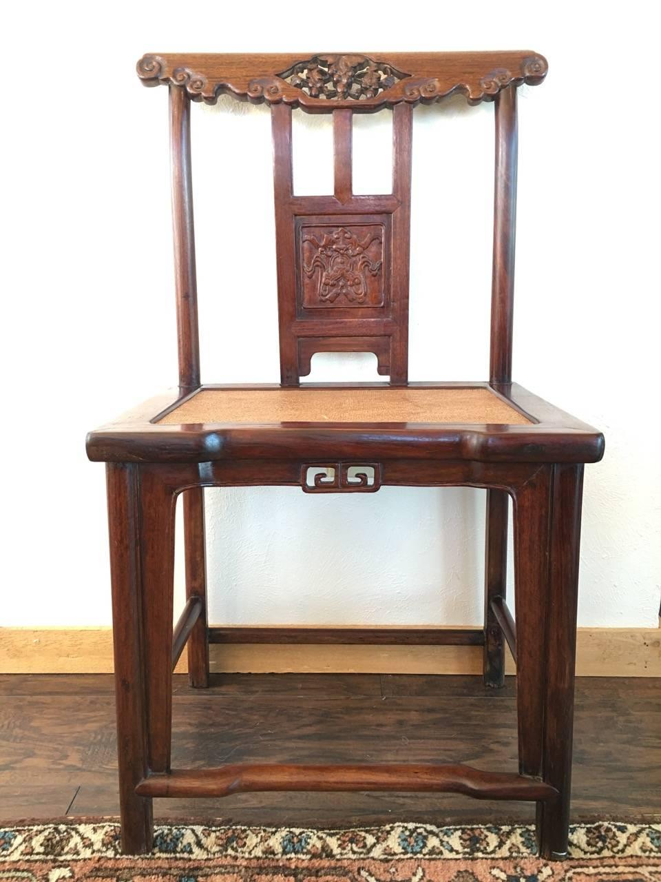 Chinese Export 19th Century Chinese Rose Wood Pair of Sidechairs Qing Dynasty