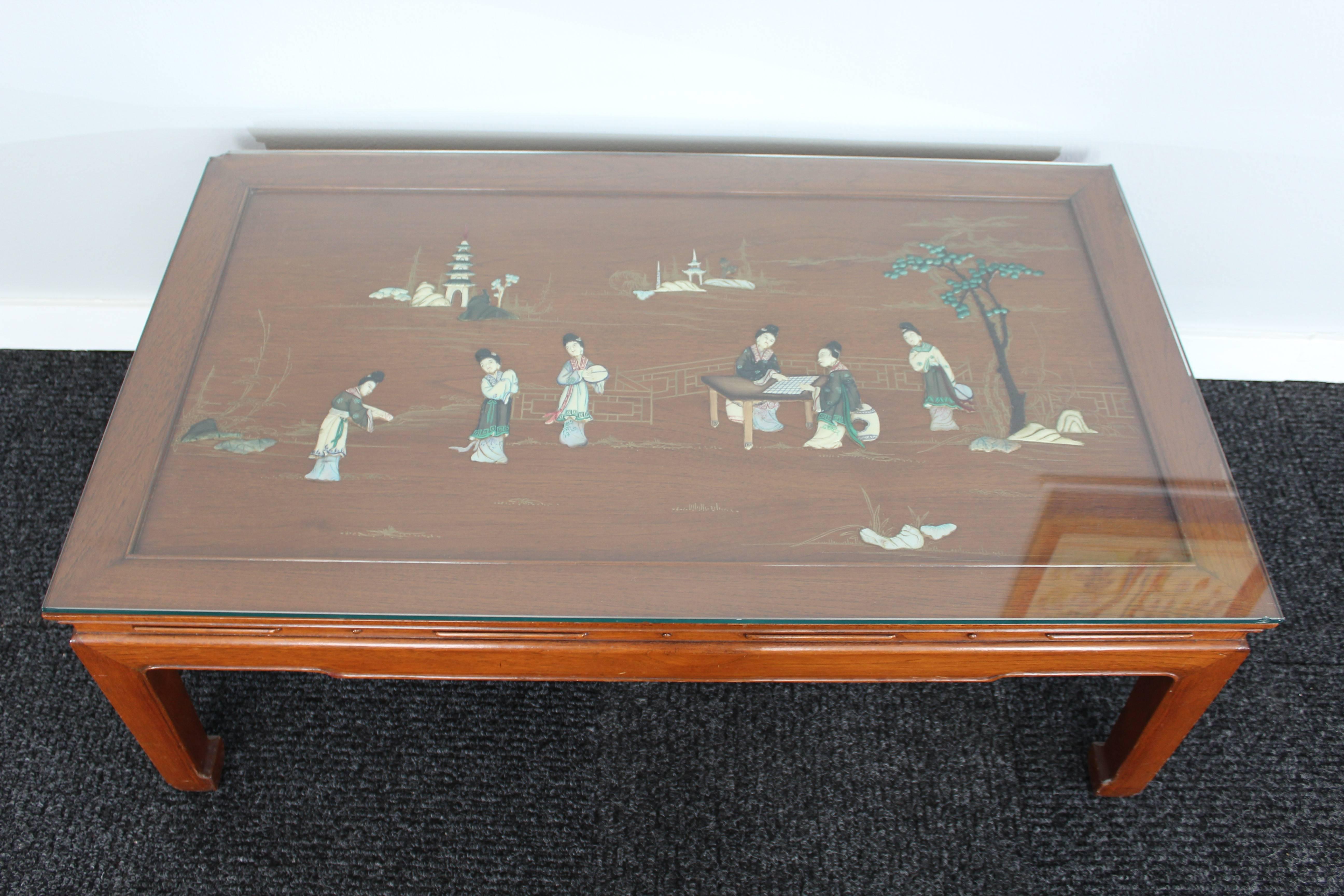 Mid-Century Modern Mid-Century Chinese Scenic Inlay Rosewood Coffee Table 
