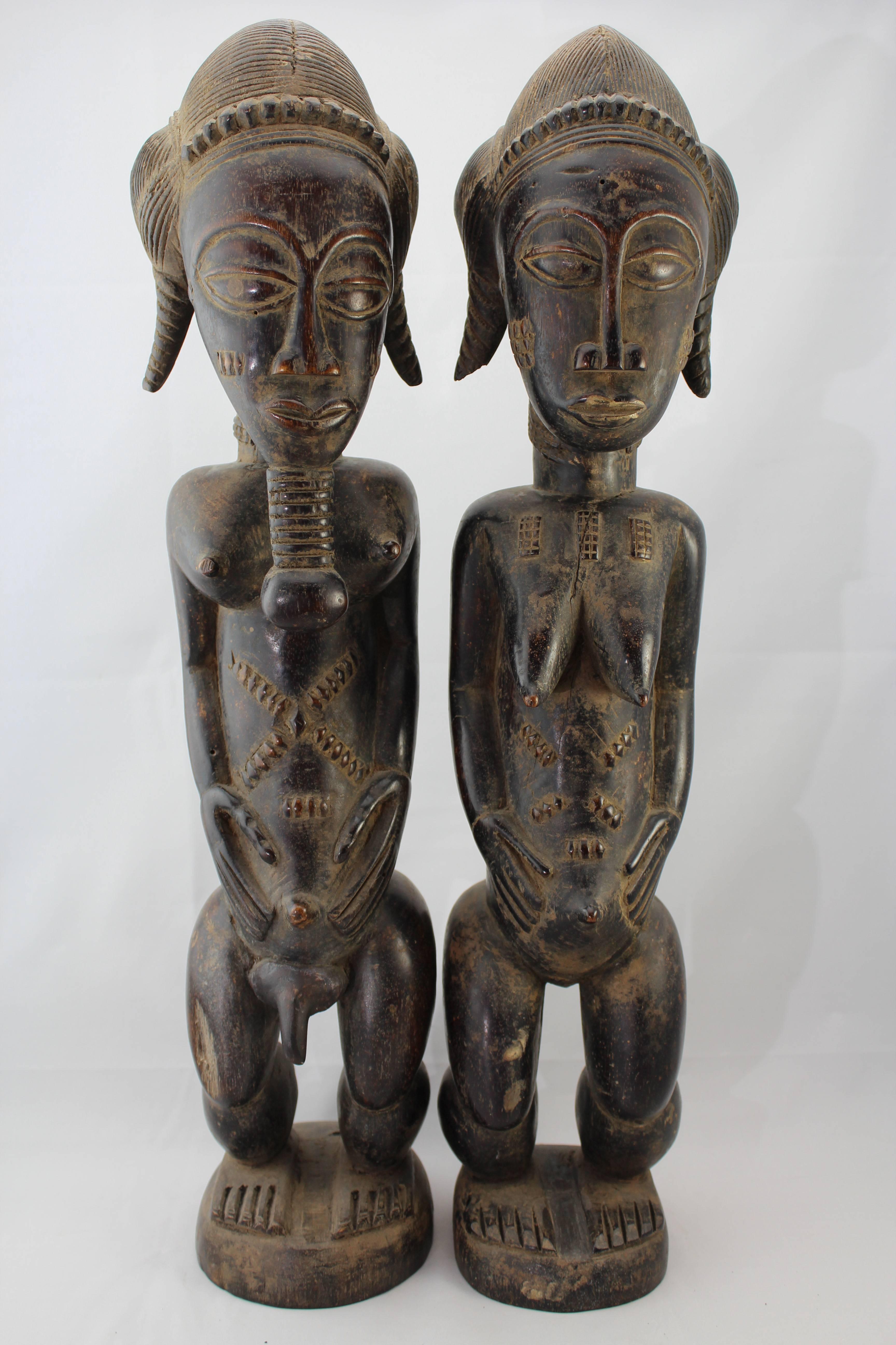 20th Century or Earlier Large Baule Cote D'Ivoire Male and Female Figures In Excellent Condition In Dallas, TX