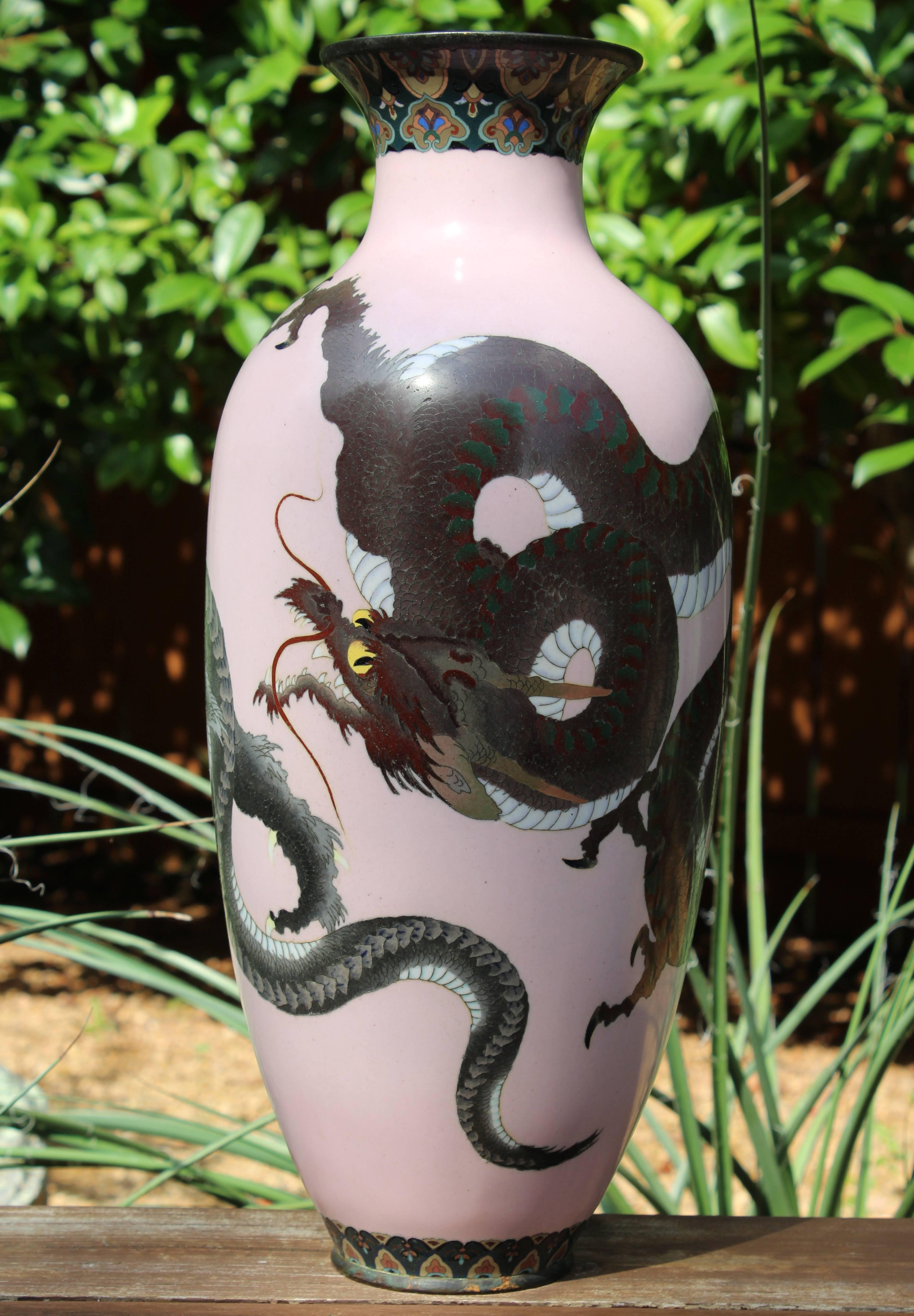 Cloissoné Pair of Large Meiji Japanese Pink Cloisonné Dragon Vases