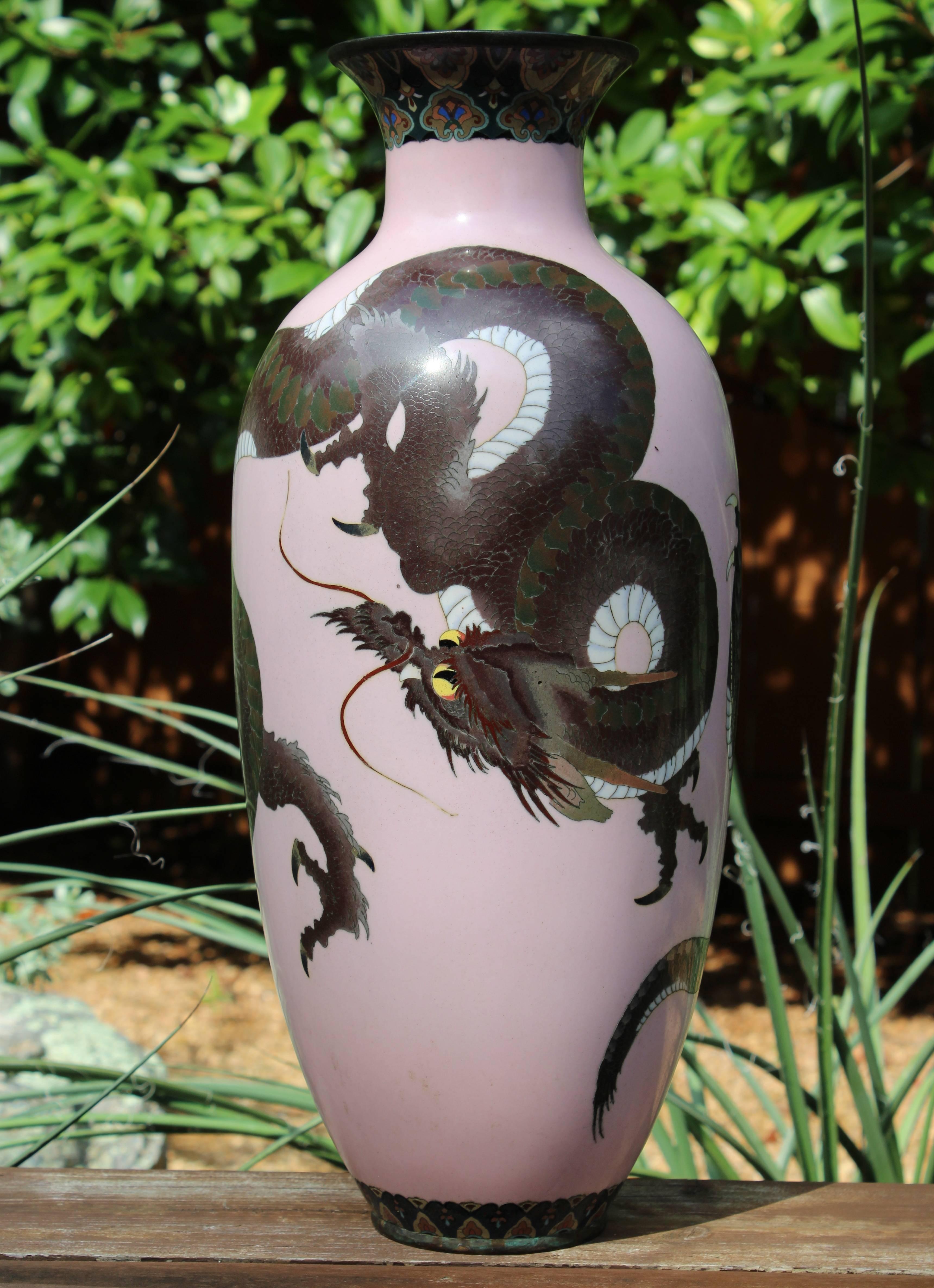 Late 19th Century Pair of Large Meiji Japanese Pink Cloisonné Dragon Vases