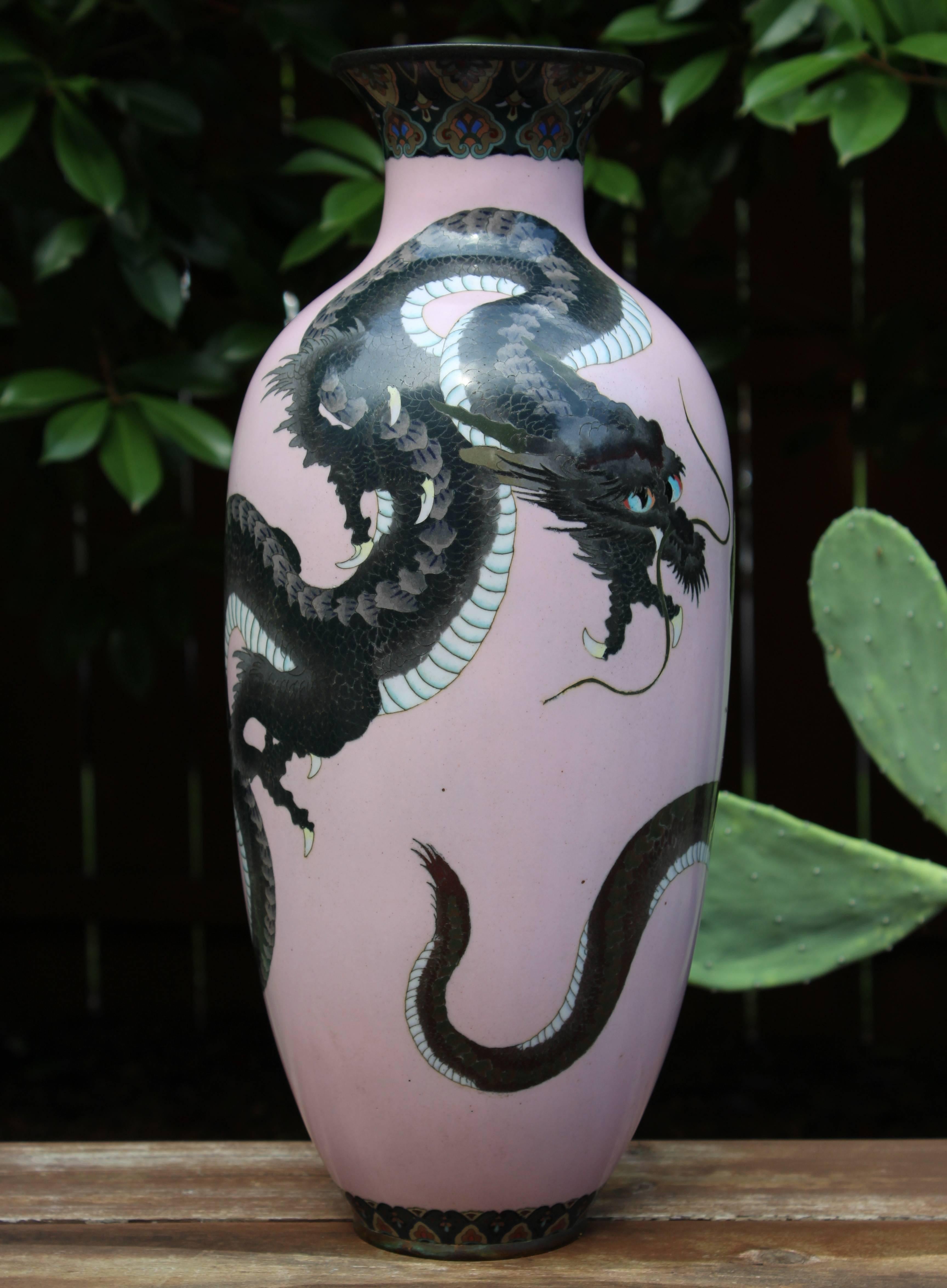 Enamel Pair of Large Meiji Japanese Pink Cloisonné Dragon Vases