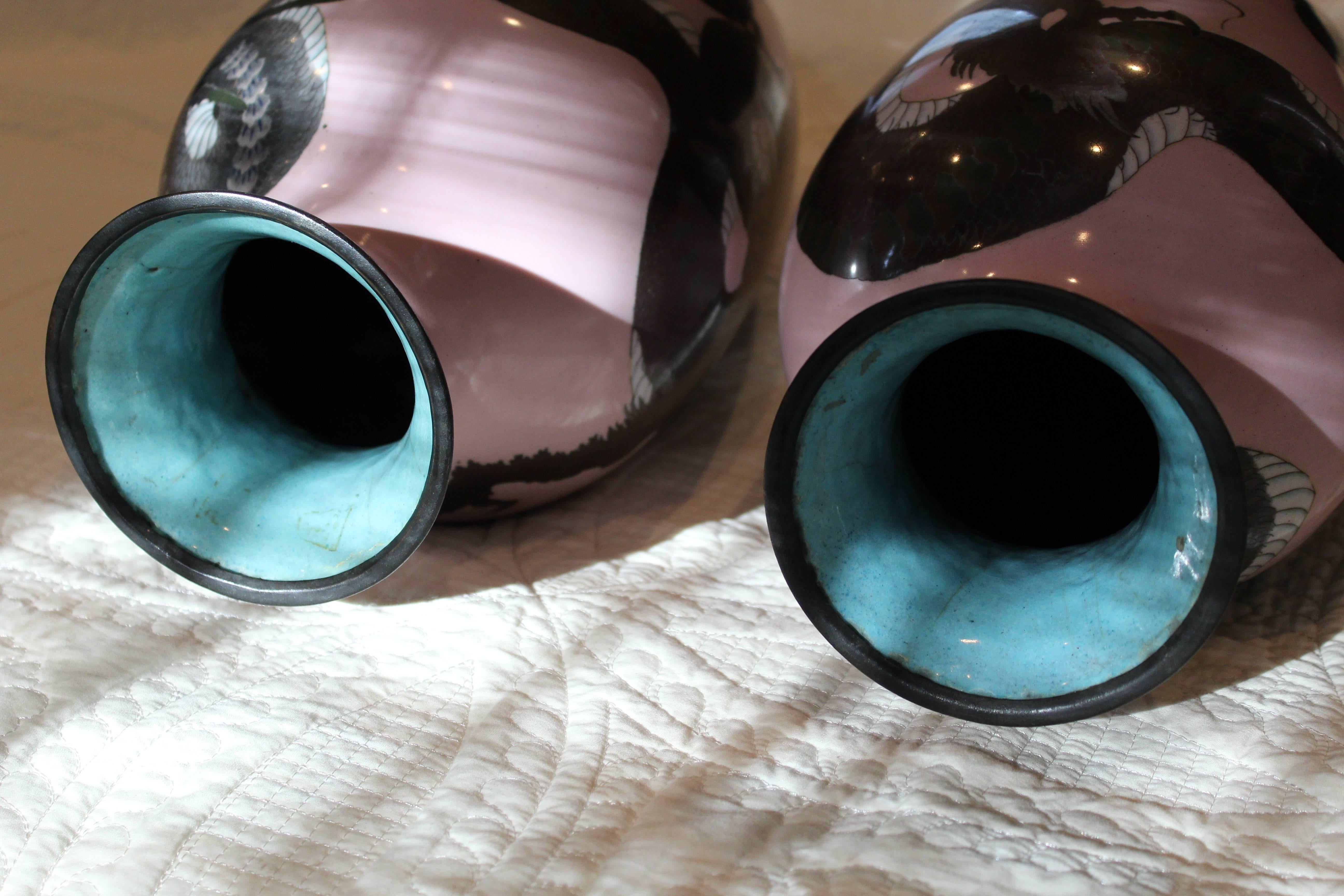 Pair of Large Meiji Japanese Pink Cloisonné Dragon Vases 1