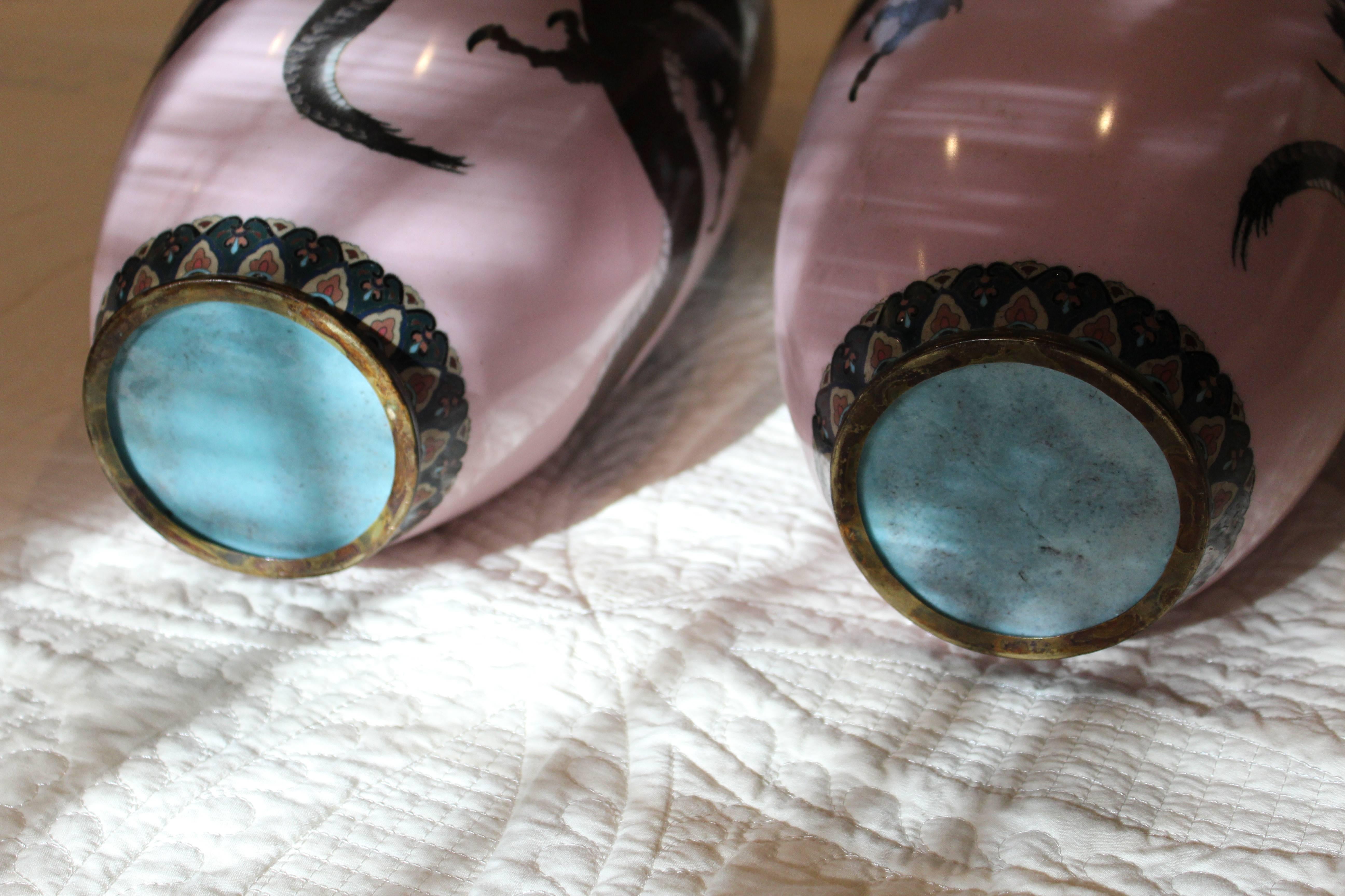 Pair of Large Meiji Japanese Pink Cloisonné Dragon Vases 2