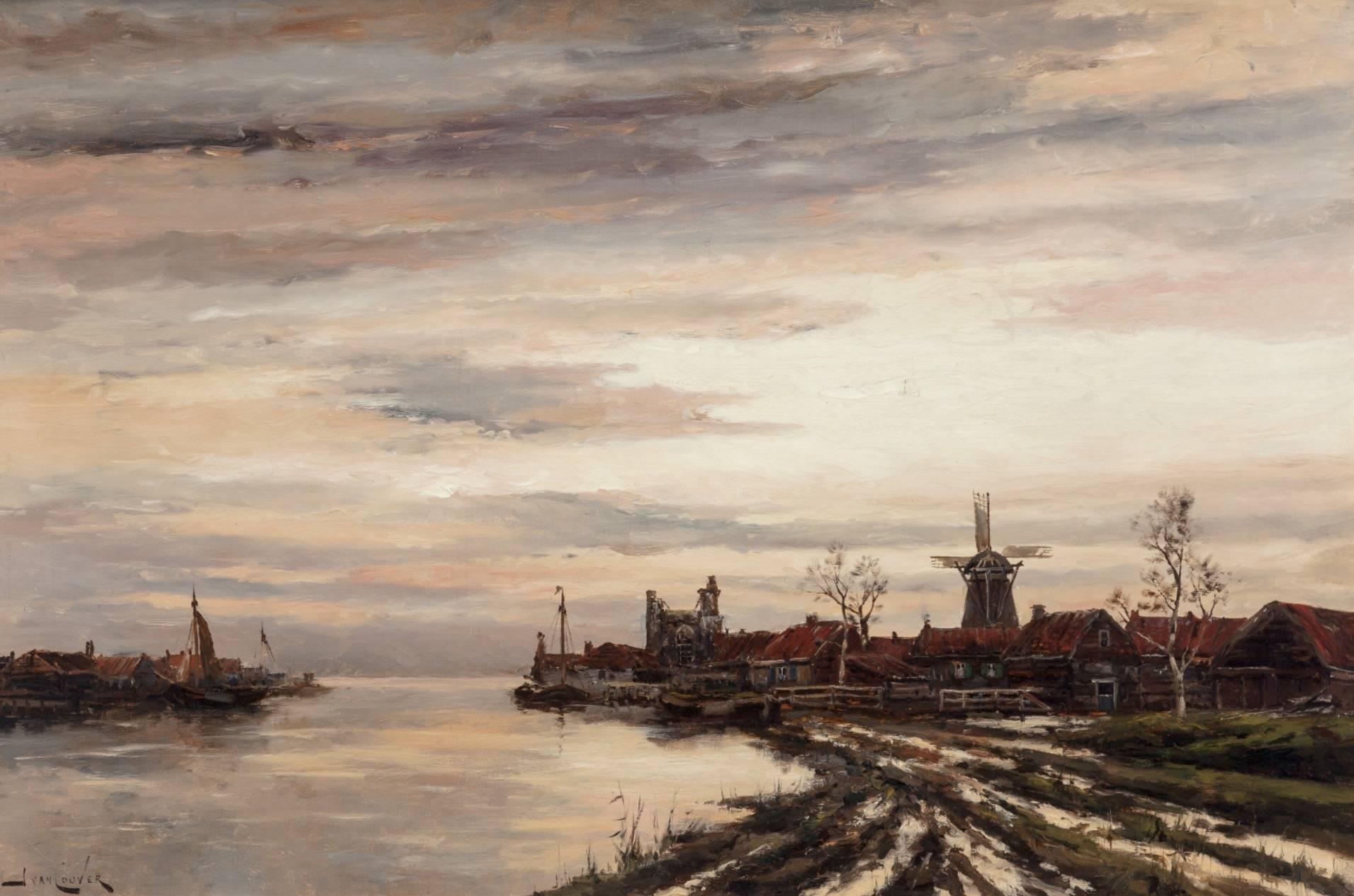 
Hermanus Koekkoek Jr. (Dutch, 1836-1909).
View of Dutch A Harbor in Winter.
Oil on canvas.
Measures: 24 x 36 inches (61.0 x 91.4 cm).
Signed lower left: J van Couver.

A powerful yet serene Dutch harbour in winter with detailed signs of strife and