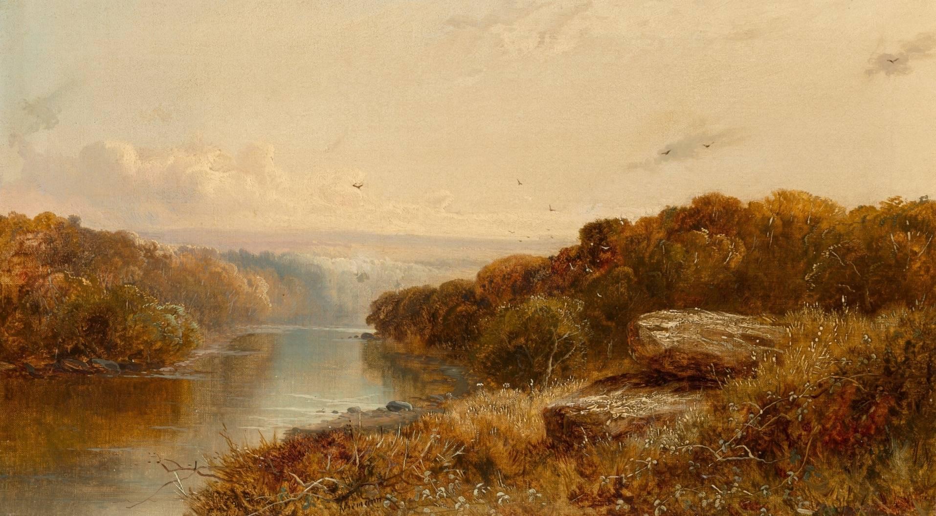 Edmund John Niemann (British, 1813-1876)
Shirley Brook, Yeaveley, Derbyshire.
Oil on canvas.

Measures: 14 x 24 inches (35.6 x 61.0 cm).

Signed lower center: Niemann.

Glue-lined canvas; there appears to be faint craquelure as well as light