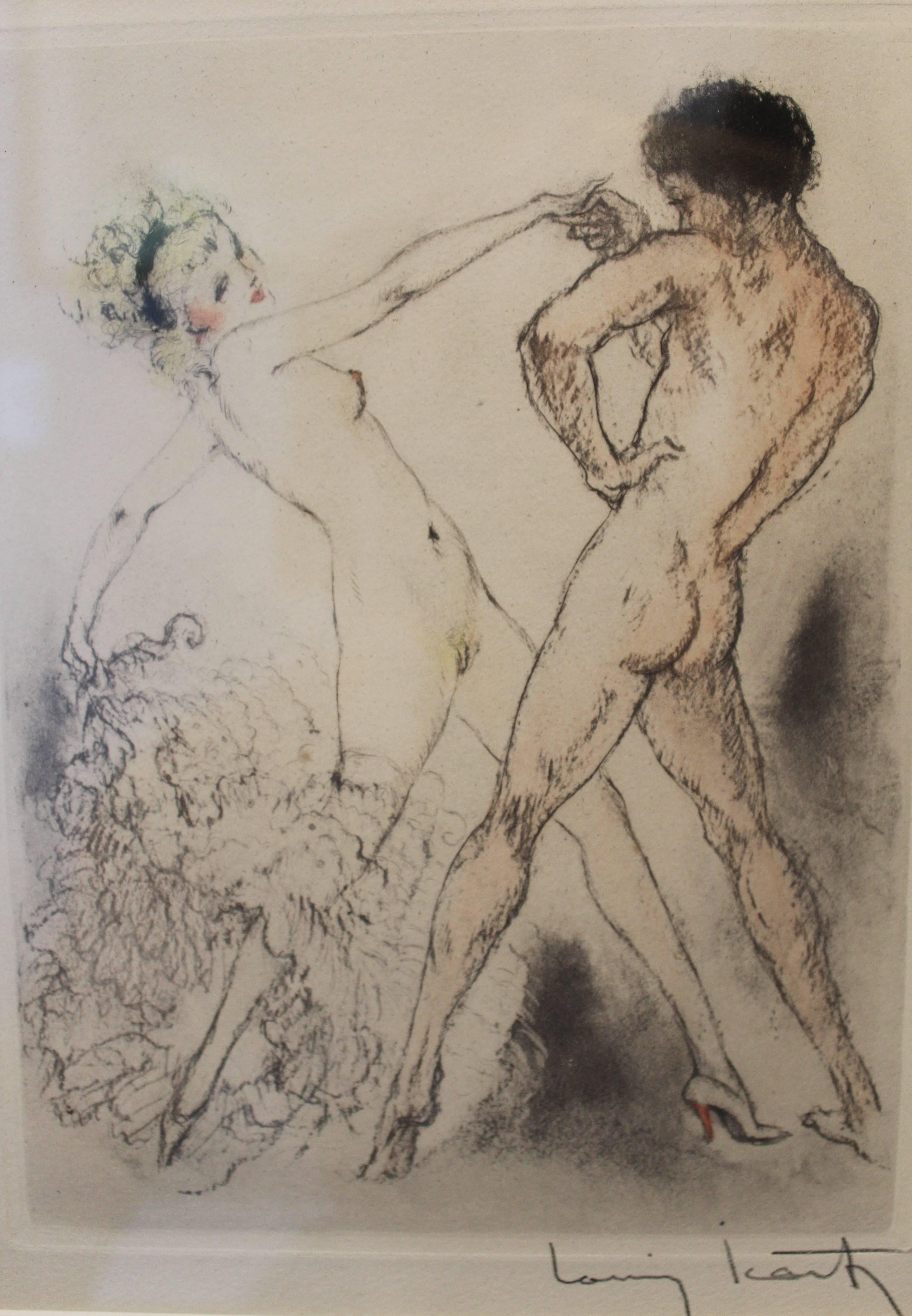 Three Louis Icart erotic color engraving etching, circa 1946. Pencil signed lower right margin. Plate measures 8" x 5 1/2".

From Felecia ou Mes Fredaines published in 1947. 500 published. George Guillot Editeur.
"Dance