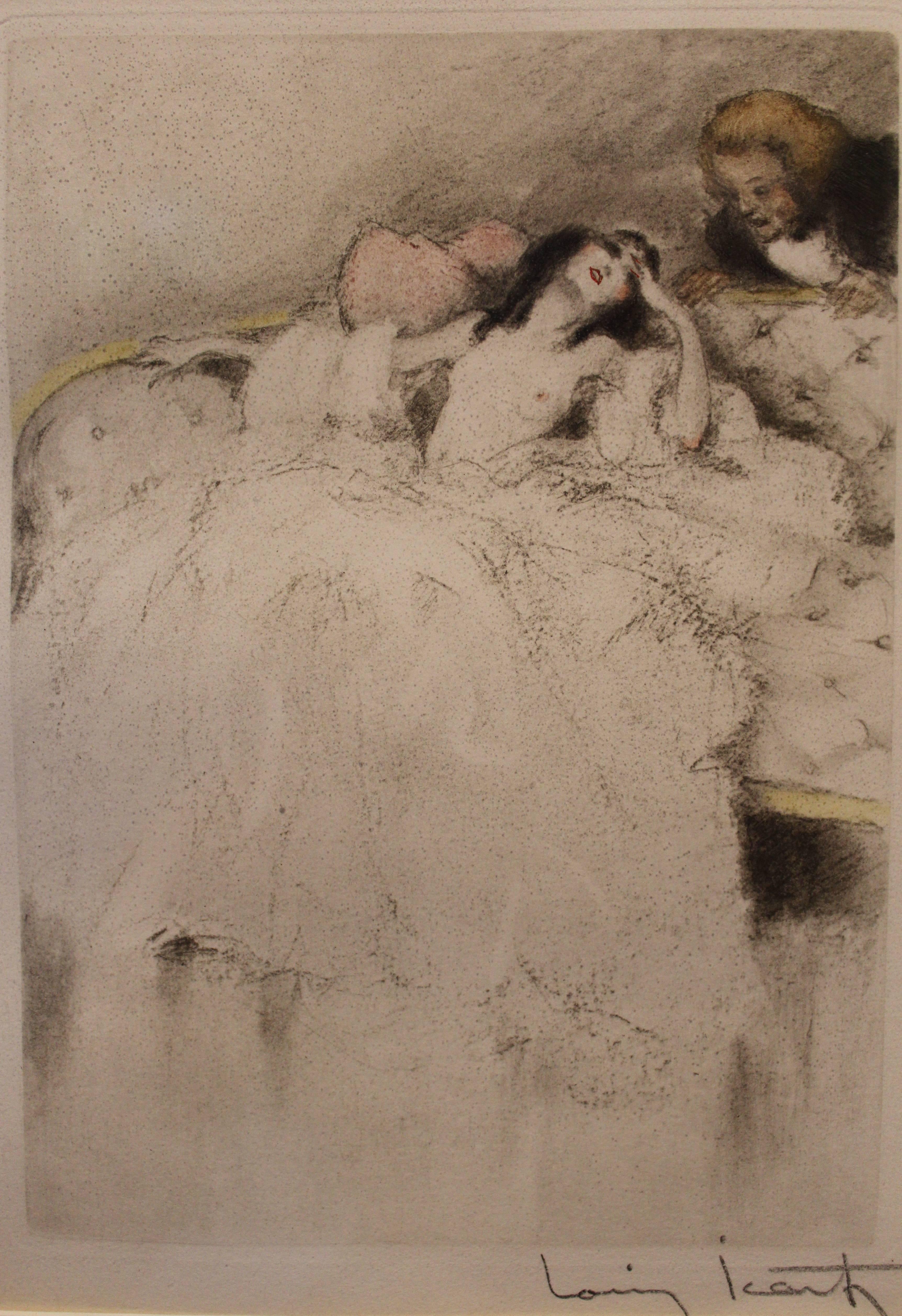 Three Louis Icart erotic color engraving etching, circa 1938. Pencil signed lower right margin. Plate measures: 8