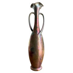 Clement Massier Tall Iridescent Decorated Handled Pottery Vase