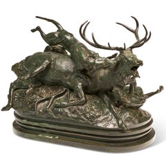 Antoine Louis Barye Stag Attacked By Two Hounds Bronze Sculpture