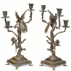 Antoine Louis Barye Candelabras Avec Perruche Et Faisan A Quatre Lumieres
