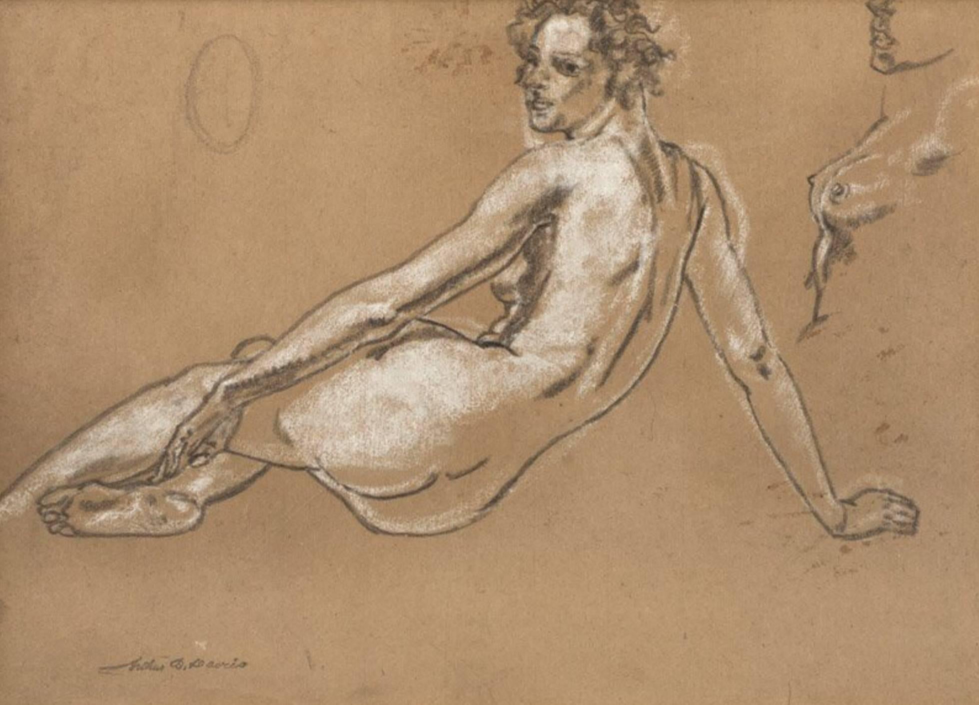 
Arthur Bowen Davies (1862-1928 New York, NY).

Study of a reclining female nude with detail side drawing, pastel, chalk and charcoal. Estate stamped signature lower left: Arthur B. Davies, charcoal and crayon on board under glass. Art Deco