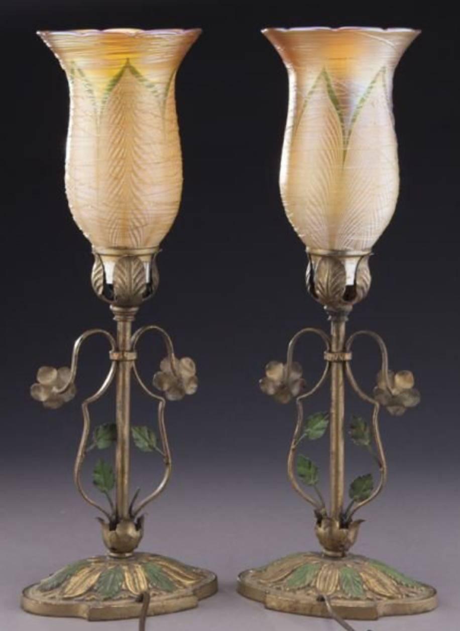 Art Nouveau Pair of Durand Art Glass Table, Mantel or Desk Lamps