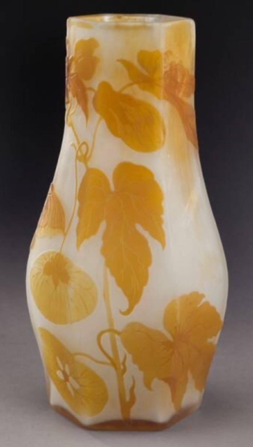 Galle French cameo glass vase of faceted form in frosted glass decorated with orange flowering vines, signed in cameo Galle.

Measures: 8.5