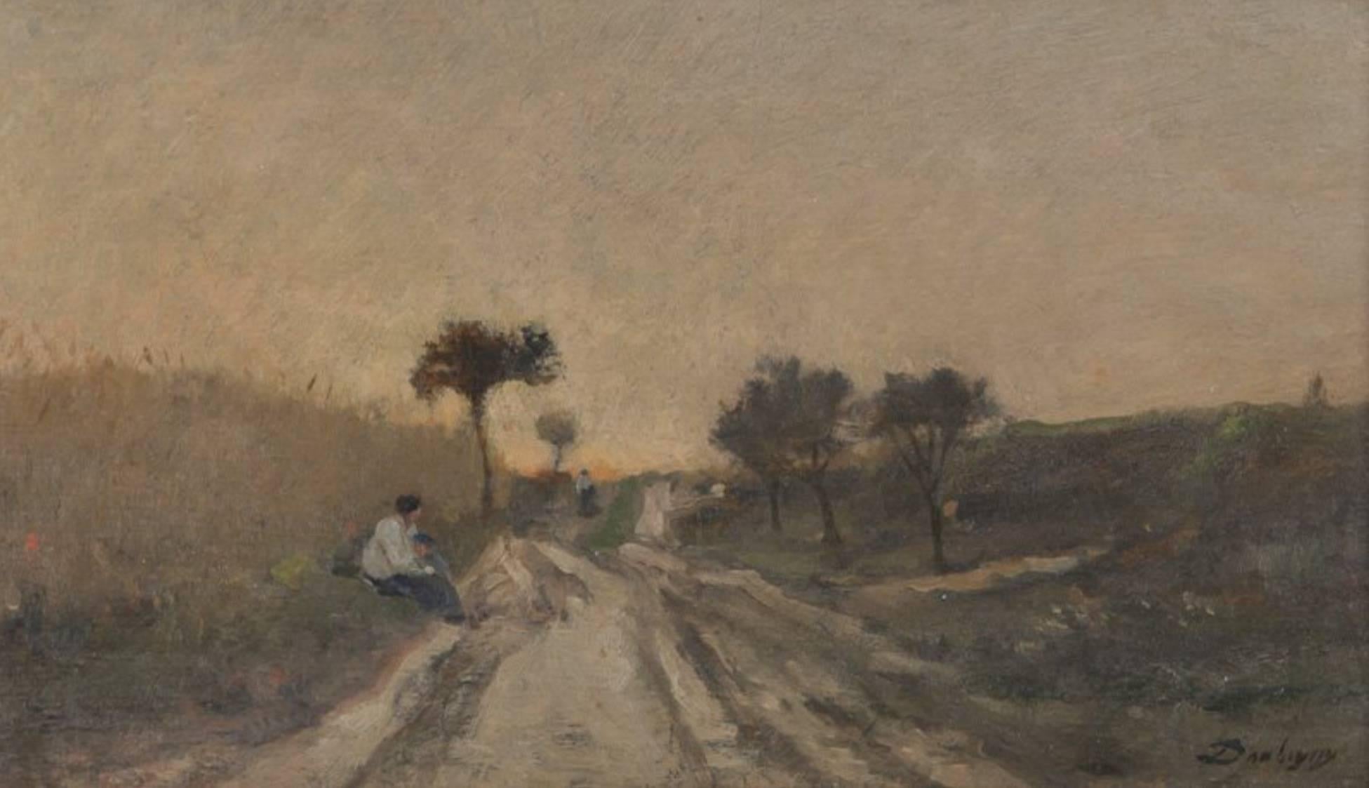 Charles François Daubigny (French, 1817-1878), Untitled (Landscape with figures) oil on board. Signed lower right, Daubigny. Impressionist from the Barbizon School. Colleague of Pissarro, Pelouse and Théophile de Bock. 

Provenance: Acquired from