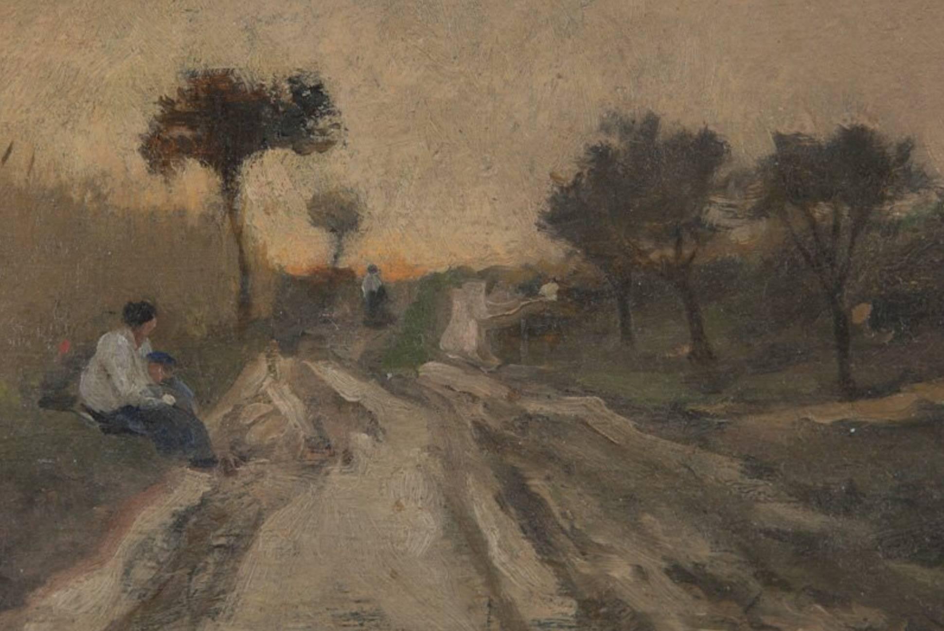 Barbizon School Charles François Daubigny Oil on Panel Figures Along a Road