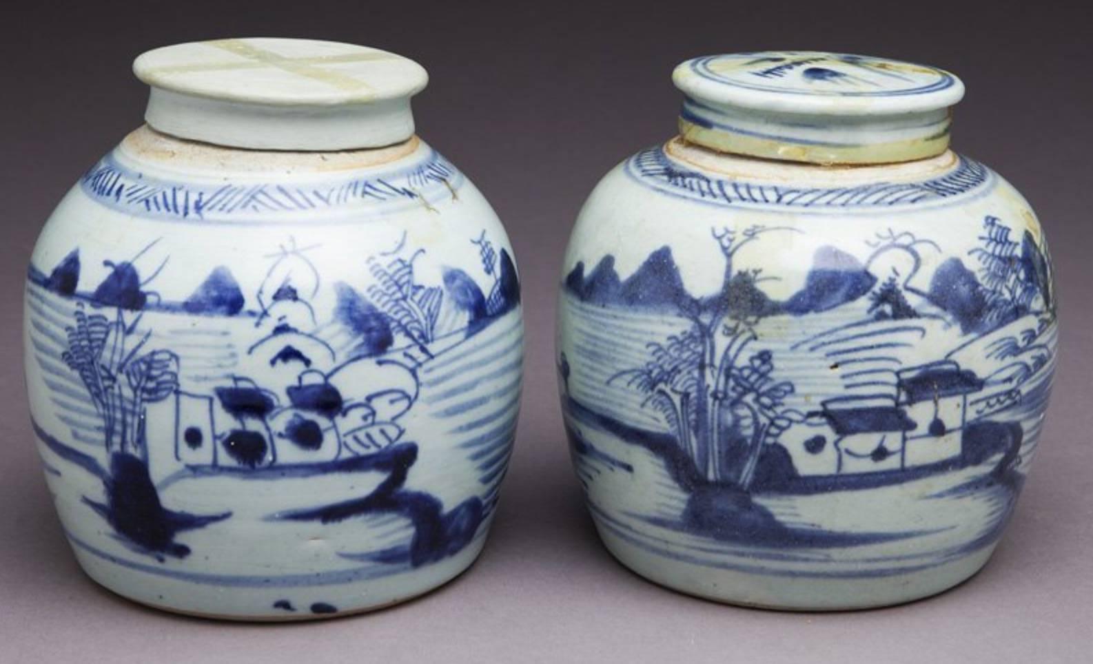 Four pieces. Antique Qing  blue/white canton export porcelain comprising: (Two) lidded jars; (one) pitcher; (one) handled dish. 

Pitcher: 7.5 Inches High

circa 19th century.
