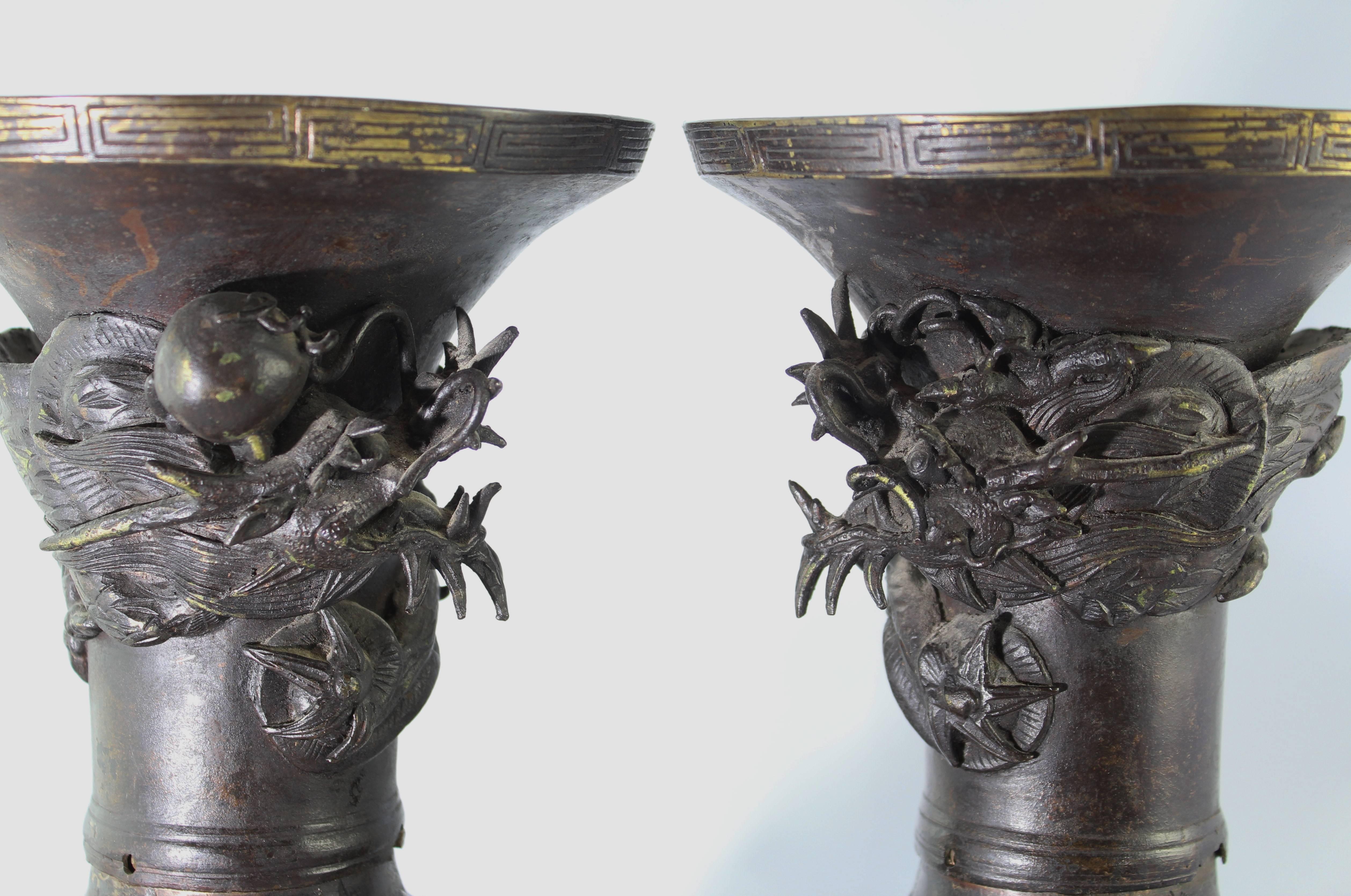 Japonisme Pair Japanese Meiji Bronze Dragon Vases, 19th Century