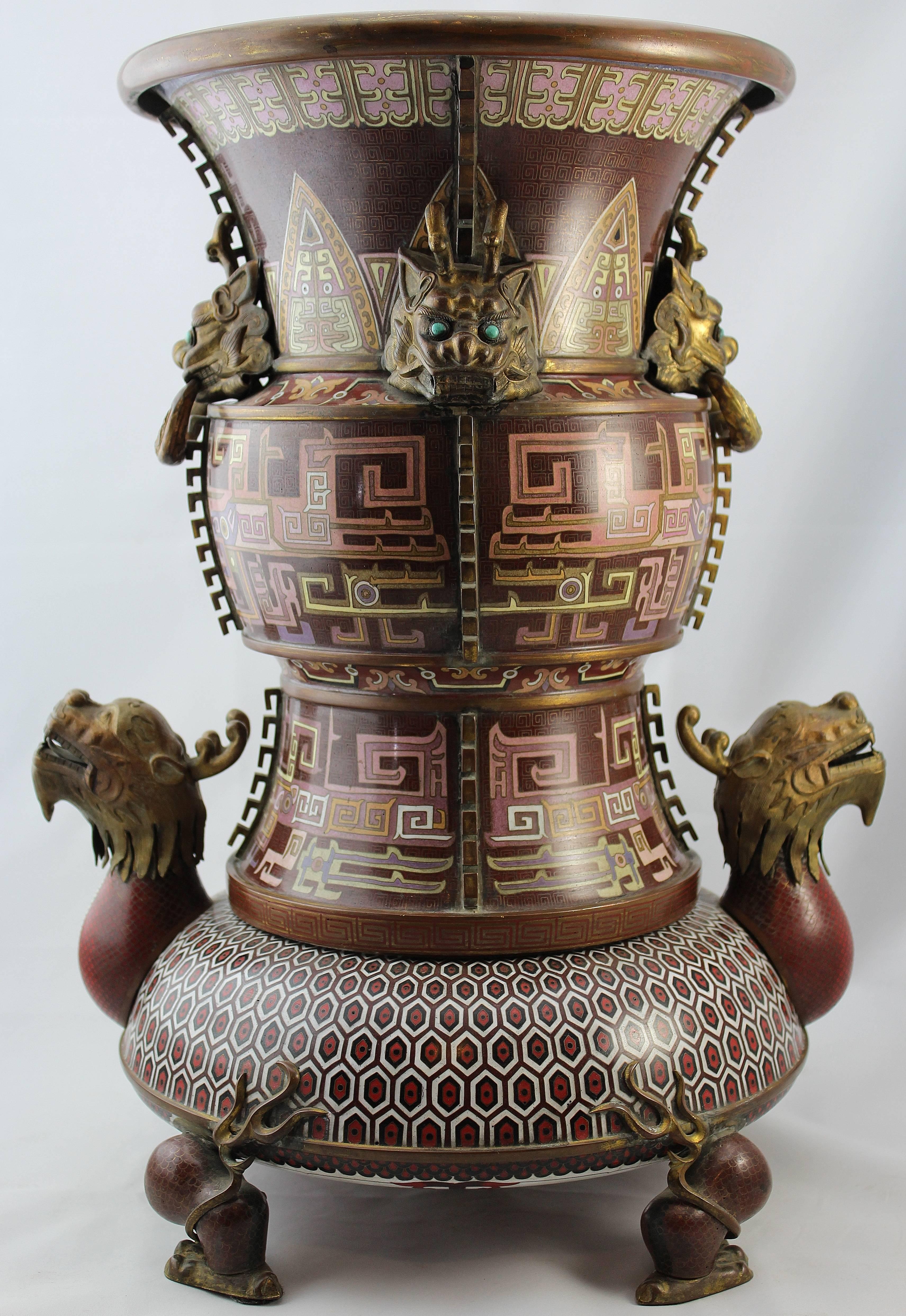 Museum Chinese Cloisonne bronze two-piece planter Gui vase from the late Qing period. 19th century. Superlative cloisonne craftsmanship makes this two-piece treasure with four dragon feet and heads with turquoise eyes. Absolutely magnificent! Mixed
