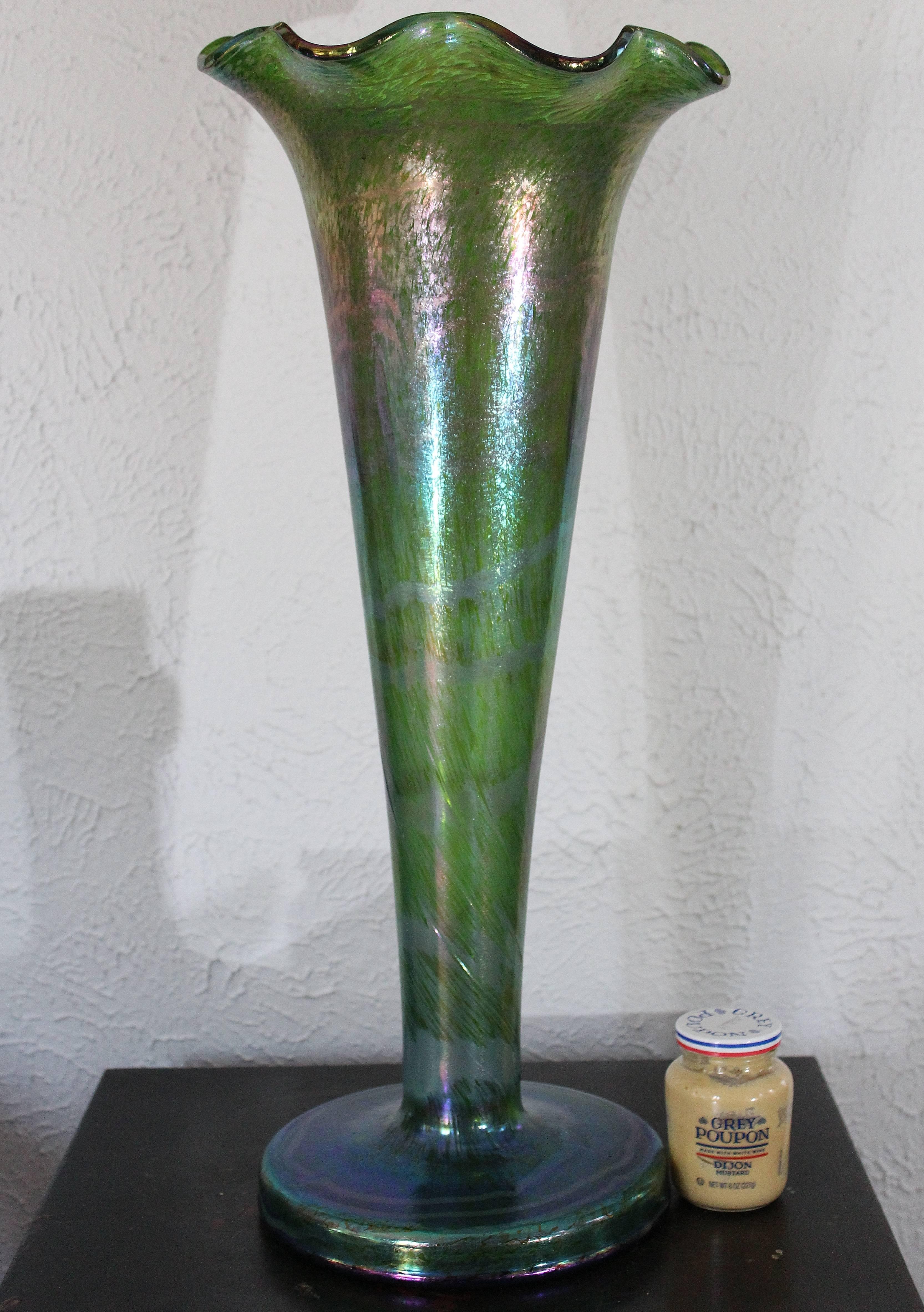 Fired Monumental Austrian Fritz Heckert Changeant Trumpet Vase, circa 1900.  For Sale
