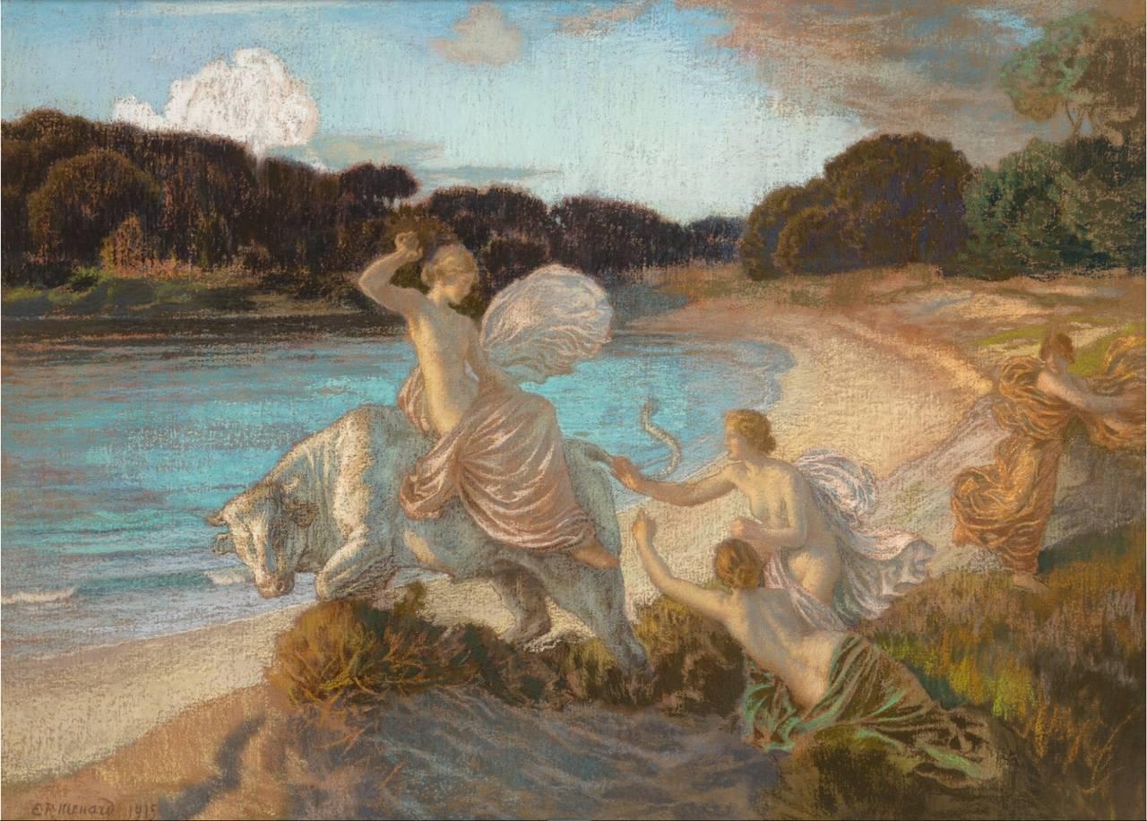 Marie Auguste Emile René Ménard (French, 1862-1930)
L'enlèvement d'Europe, 1915 The Rape of Europa
Pastel on board. Art Nouveau Art Deco
28-1/4 x 42-1/4 inches (71.8 x 107.3 cm)
Signed and dated lower left: E.R. Ménard