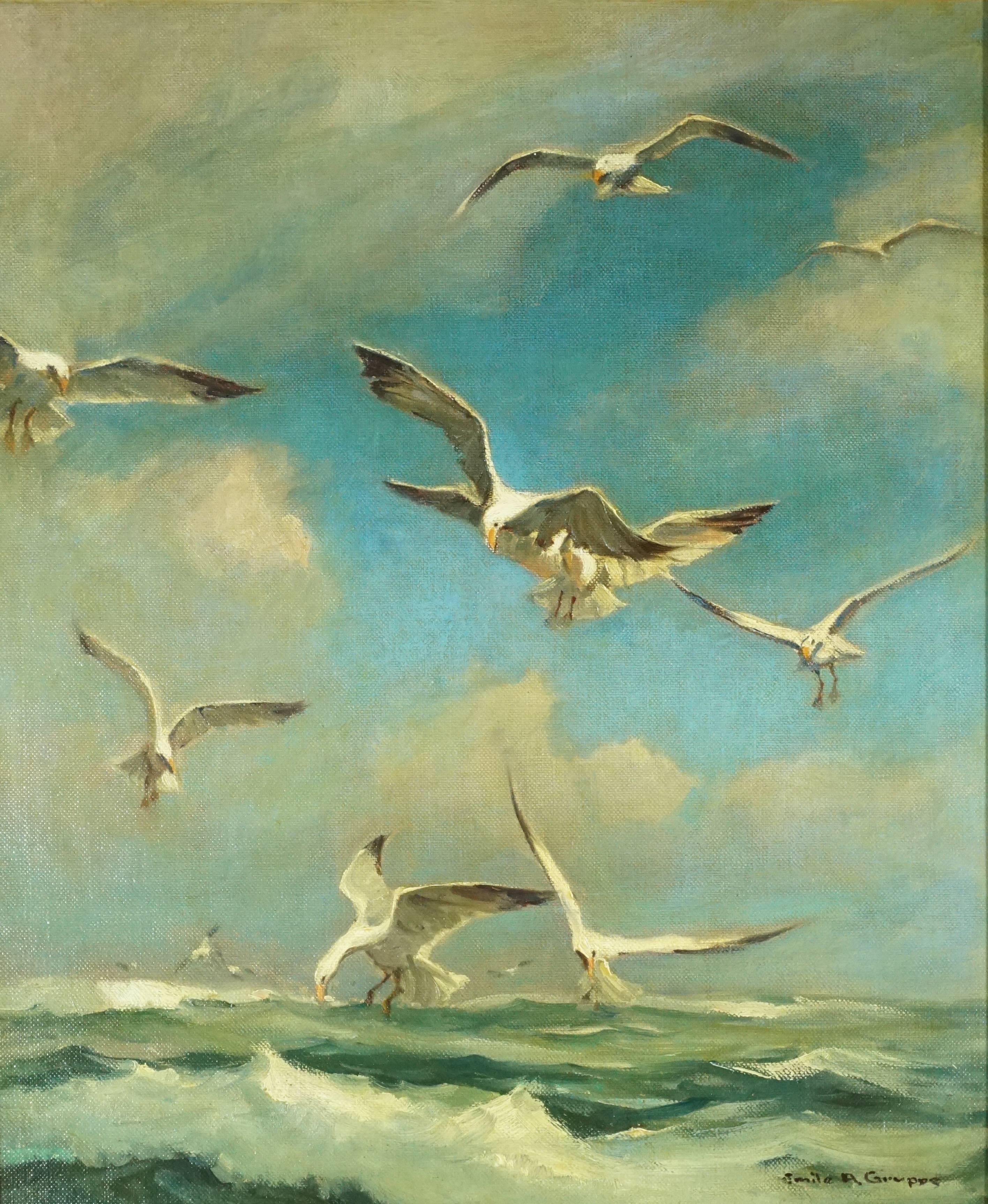 Emile Albert Gruppe (1896-1978) oil on canvas, circa 1948, Mid-Century.

Seagulls on the waves with turbulent seas. A beautiful scene that is moving and alive. Most probably painted off Cape Ann near Bass Rocks near  Gloucester!

Canvas: 25 X 30