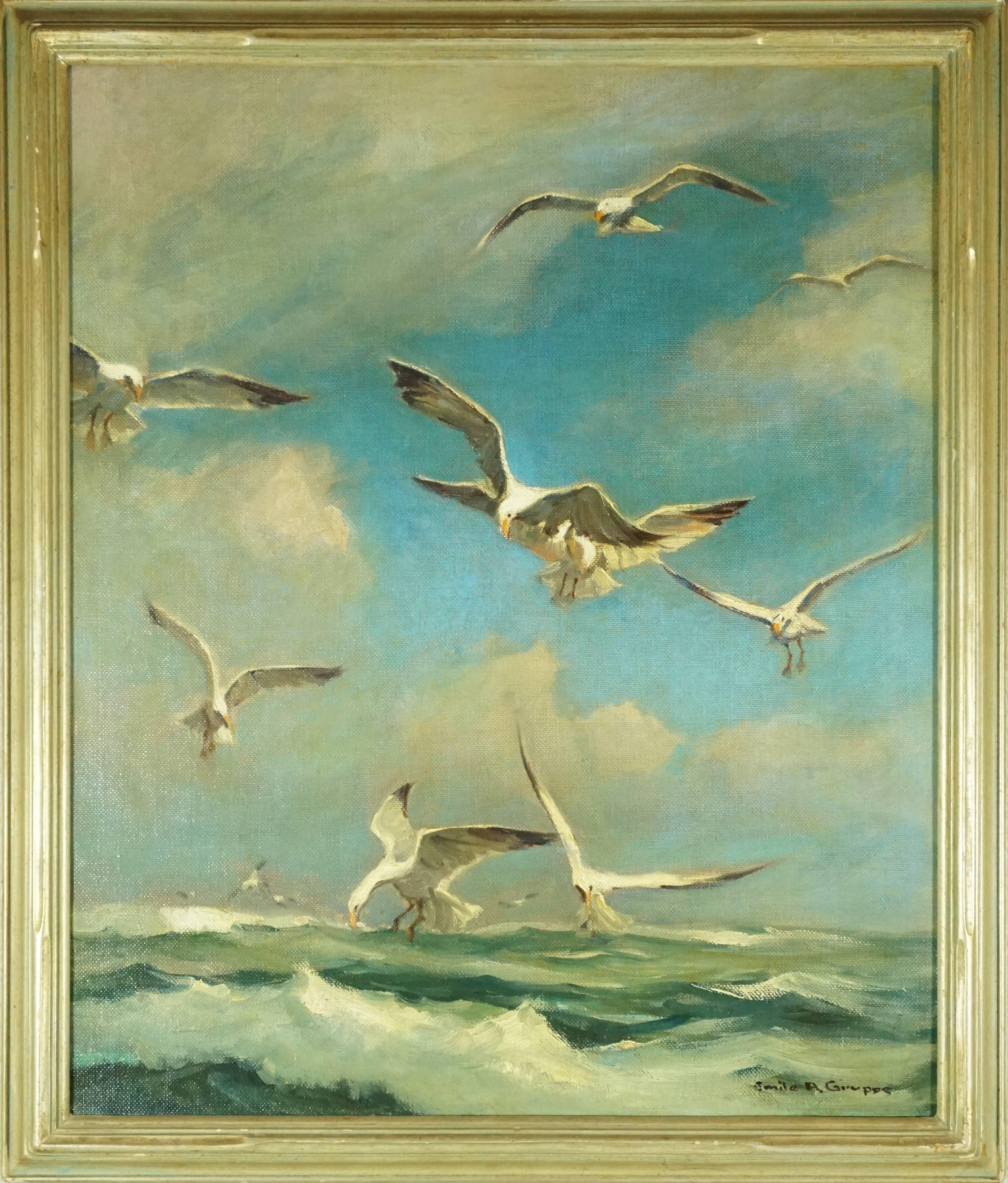 Aesthetic Movement Emile Albert Gruppe Oil on Canvas, Gloucester Seagulls 30”X25”