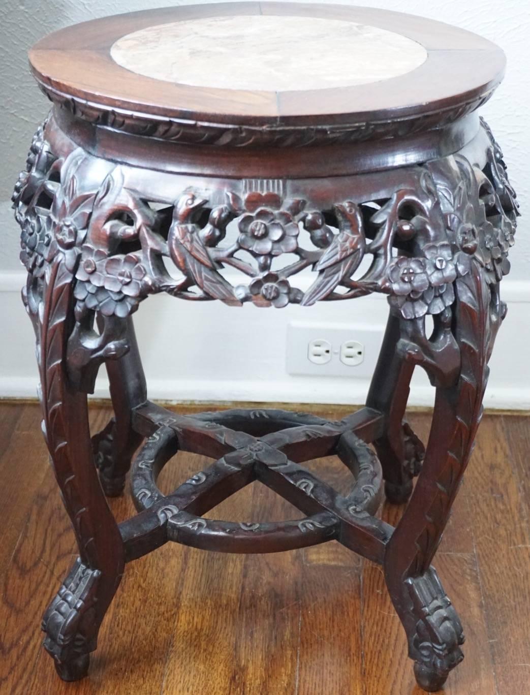 19th century Chinese rosewood and marble carved stand with motifs of birds, flowers and branches.

Measures: Height 20.5 inches,
width 18 inches.

AVANTIQUES is dedicated to providing an exclusive curated collection of Fine Arts, Paintings, Bronzes,