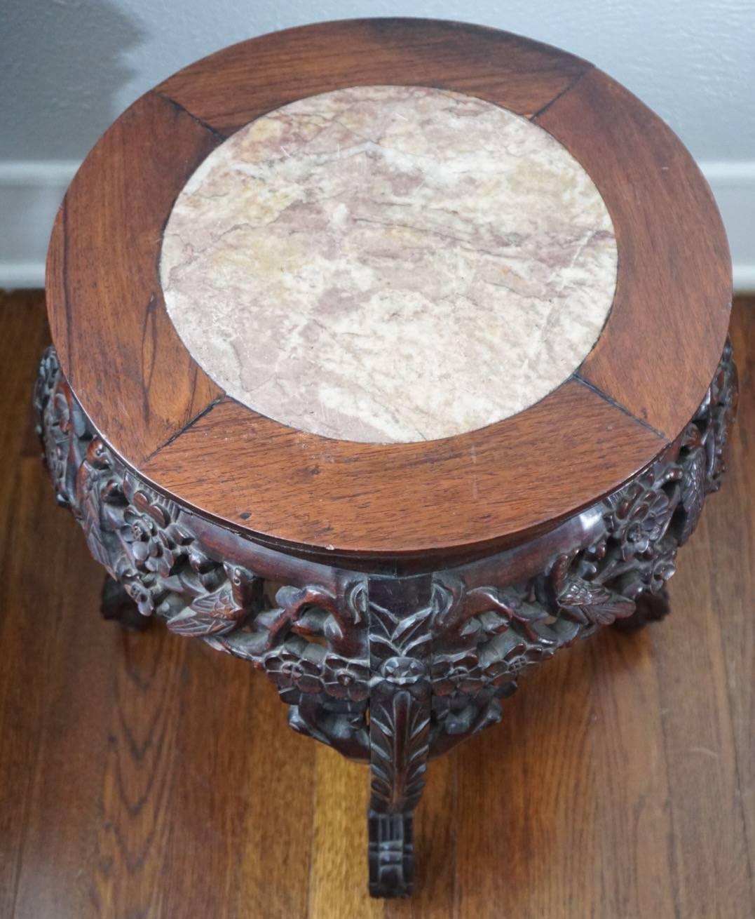 Hand-Carved 19th Century Chinese Rosewood and Marble Carved Stand, Qing Dynasty