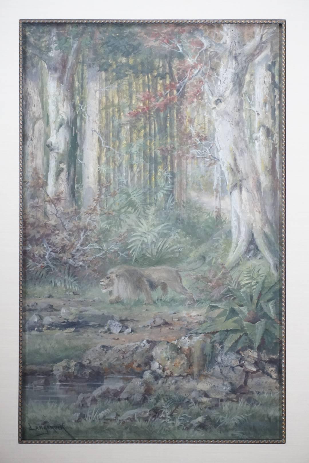 Barbizon School Henri Langerock Belgium Watercolor 'Prowling Lion in the Jungle'