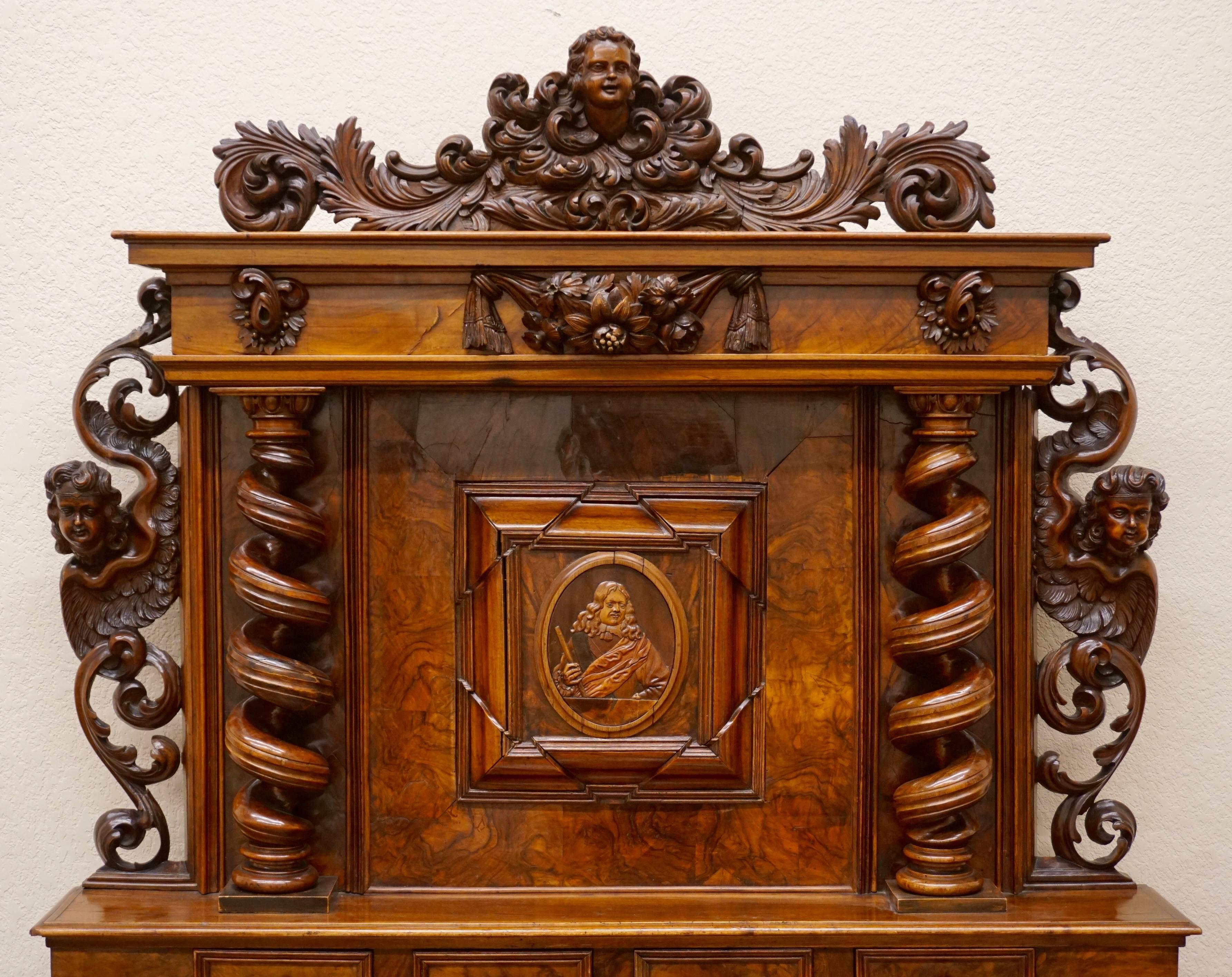 Baroque 17th Century Louis XIII Burl Walnut Sideboard Cabinet with Carved Portrait