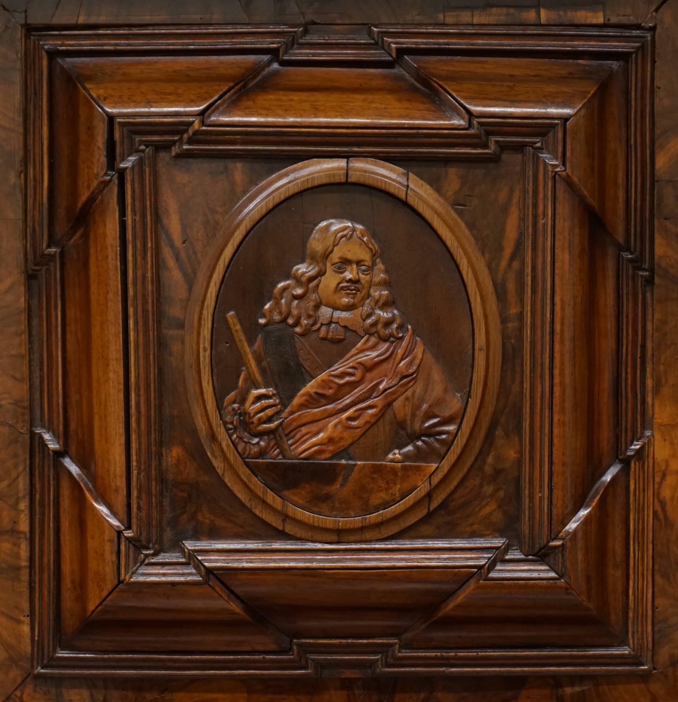 French 17th Century Louis XIII Burl Walnut Sideboard Cabinet with Carved Portrait