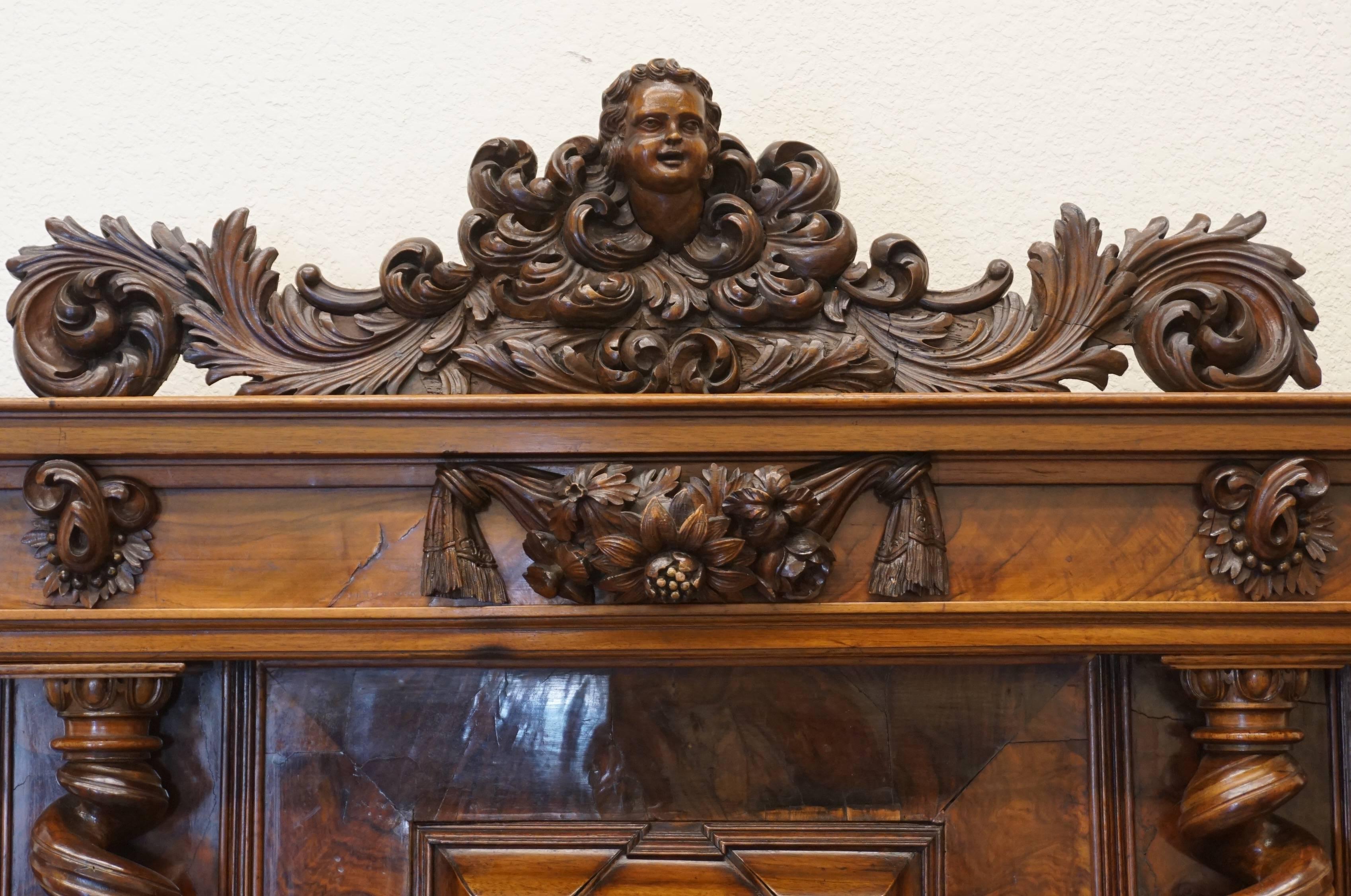 18th Century and Earlier 17th Century Louis XIII Burl Walnut Sideboard Cabinet with Carved Portrait