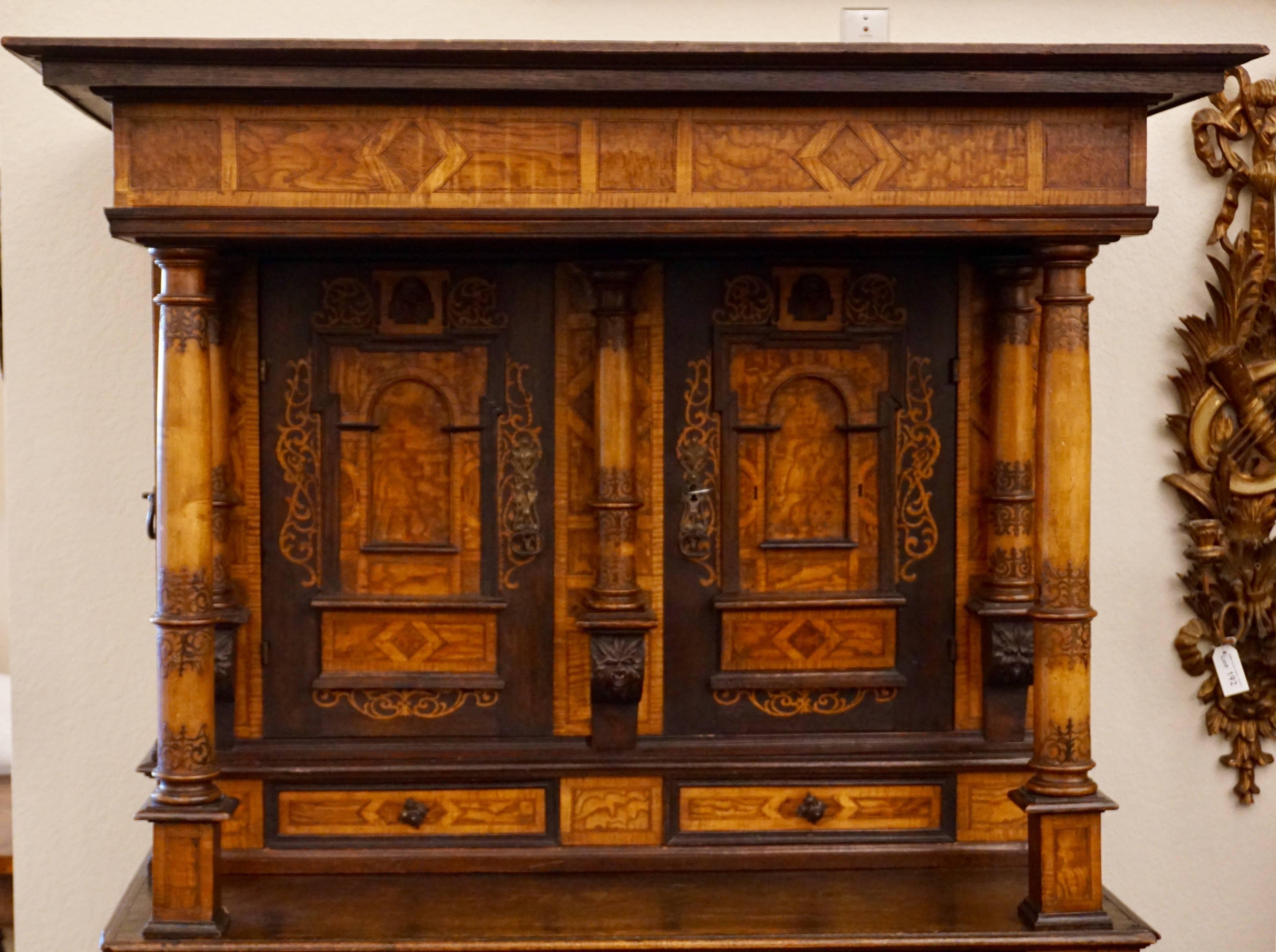 Aubusson 18th-19th Century Inlaid Alsatian Deux Corps Sideboard Armoire, Louis XIV