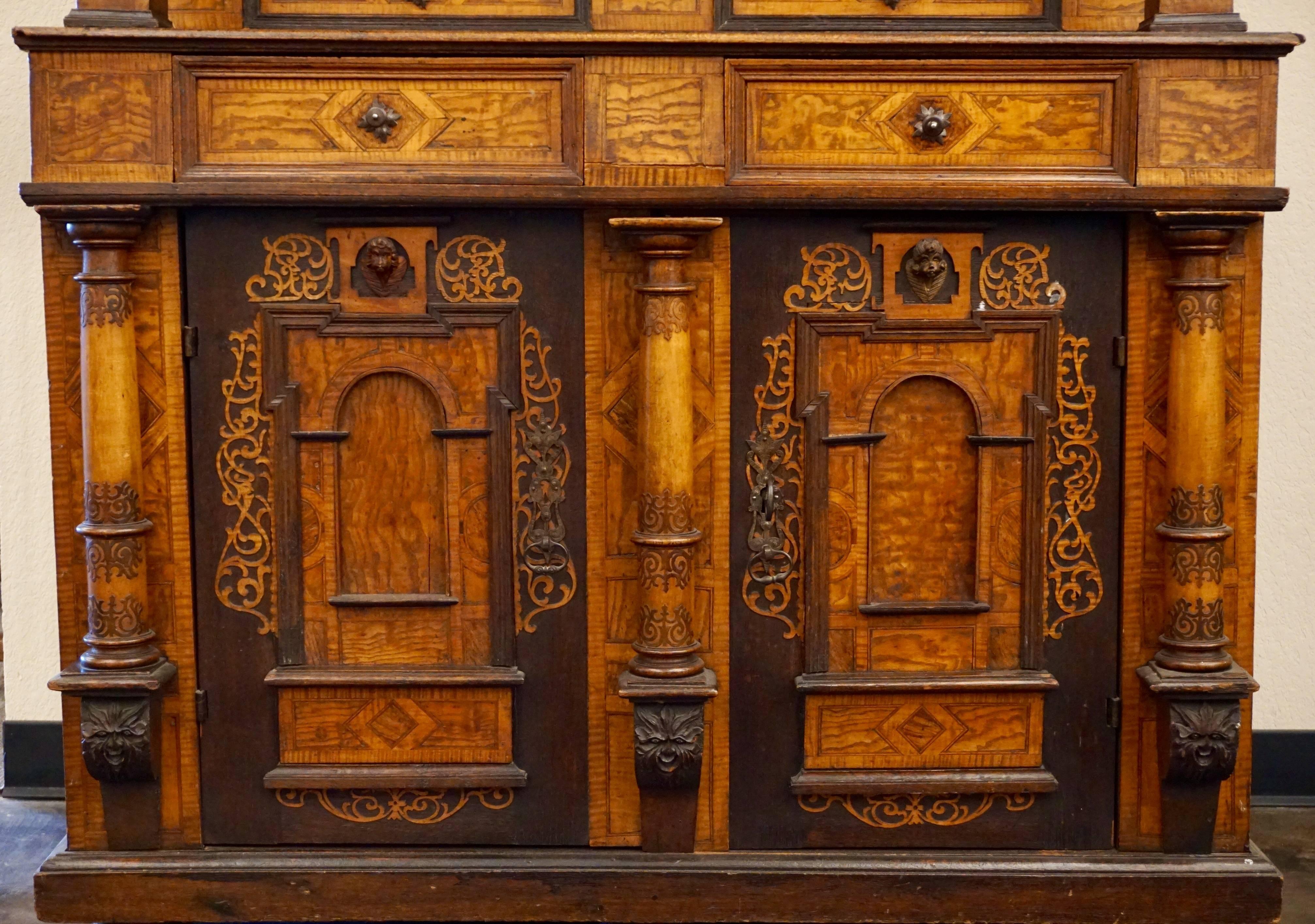 Hand-Crafted 18th-19th Century Inlaid Alsatian Deux Corps Sideboard Armoire, Louis XIV