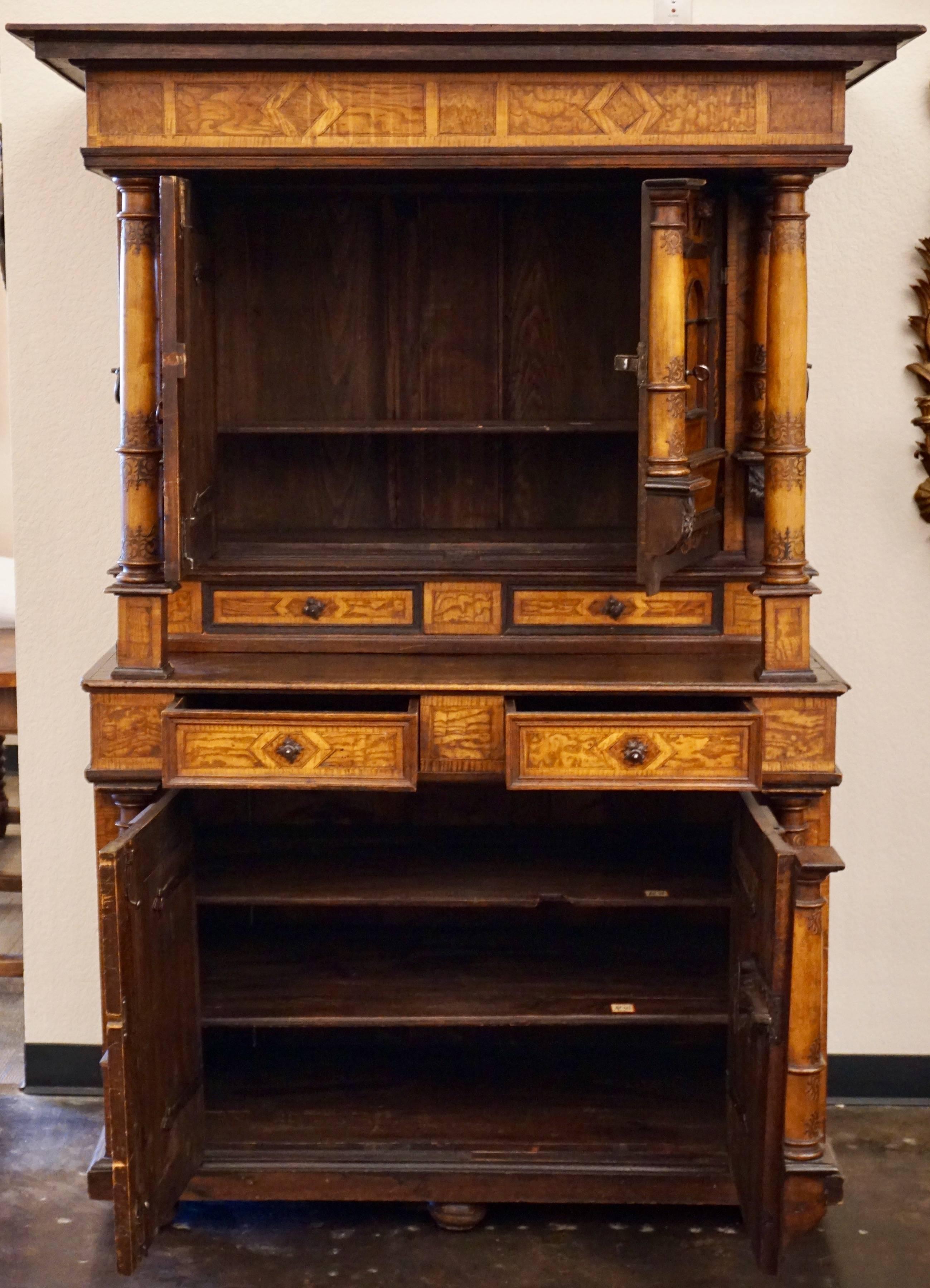 18th-19th Century Inlaid Alsatian Deux Corps Sideboard Armoire, Louis XIV In Good Condition In Dallas, TX